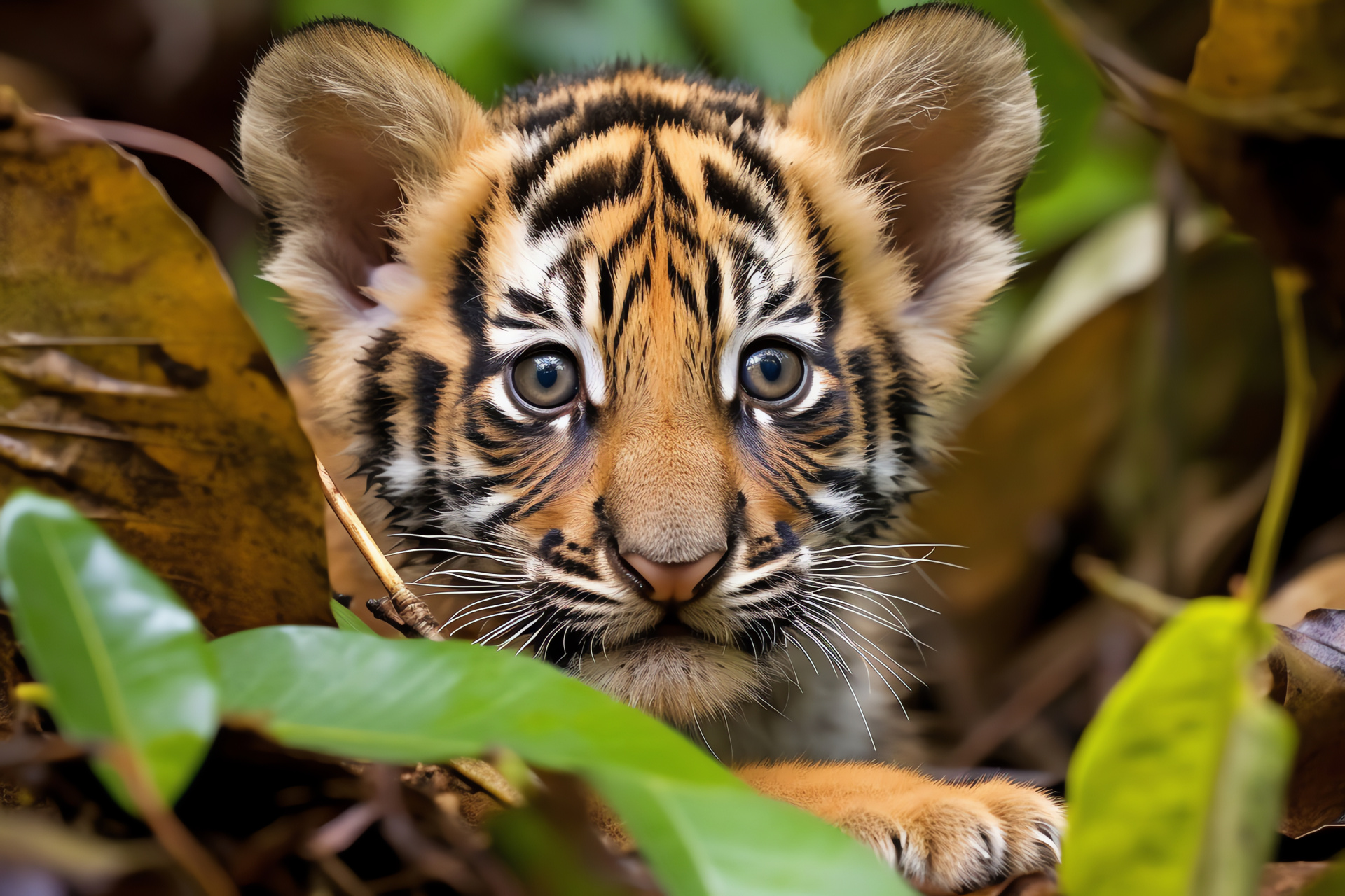 Malayan Tiger Cub, Golden-eyed young tiger, Brown-striped felines, Tropical forest wildlife, Wild cats, HD Desktop Wallpaper