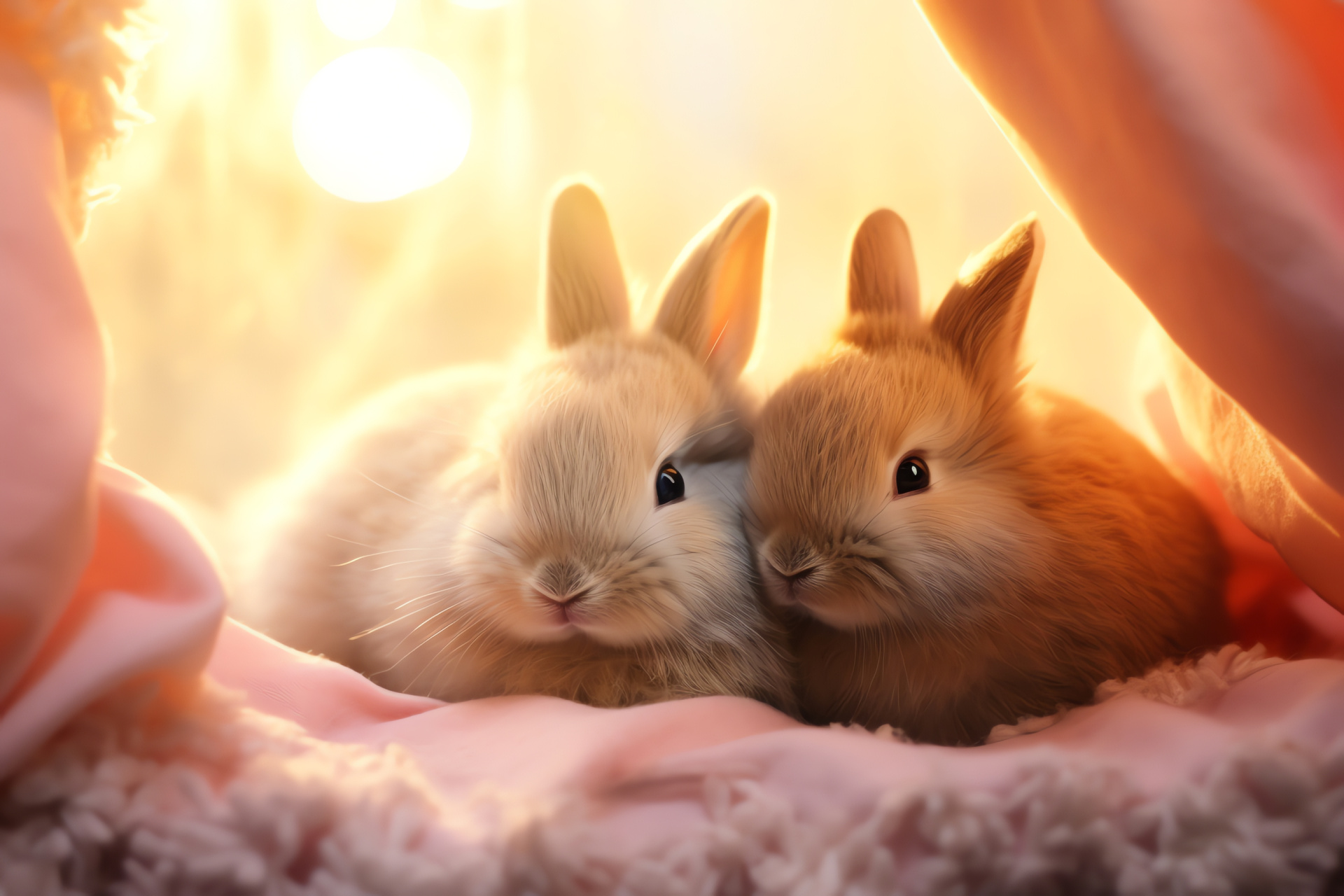 Bunny romance, Intimate burrow, Plush heart cushions, Fluffy pets, Gentle love, HD Desktop Image