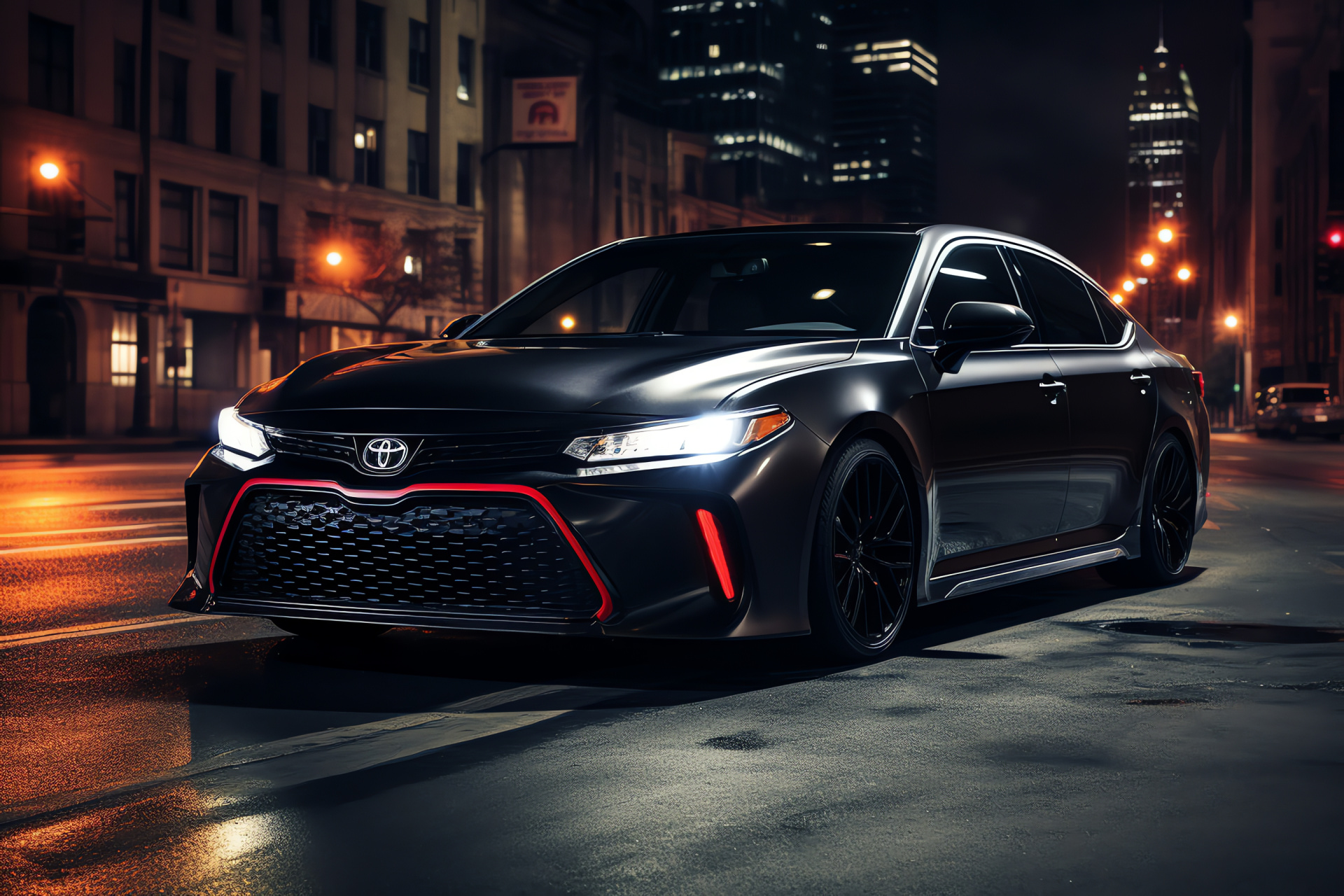 Toyota performance division, TRD Avalon urban model, sports sedan, modern city landscape, performance features, HD Desktop Image