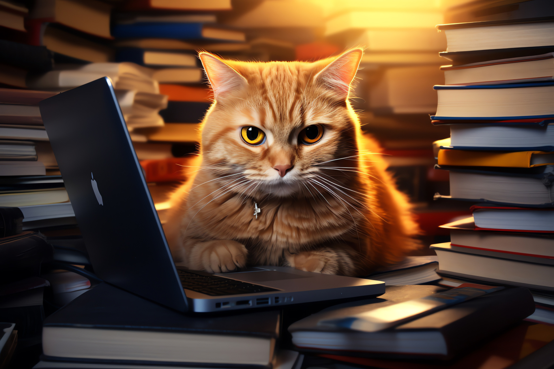 Reading Cats Computer, Ginger tabby pet, Feline with yellow eyes, Academic setting, Book stacks, HD Desktop Image