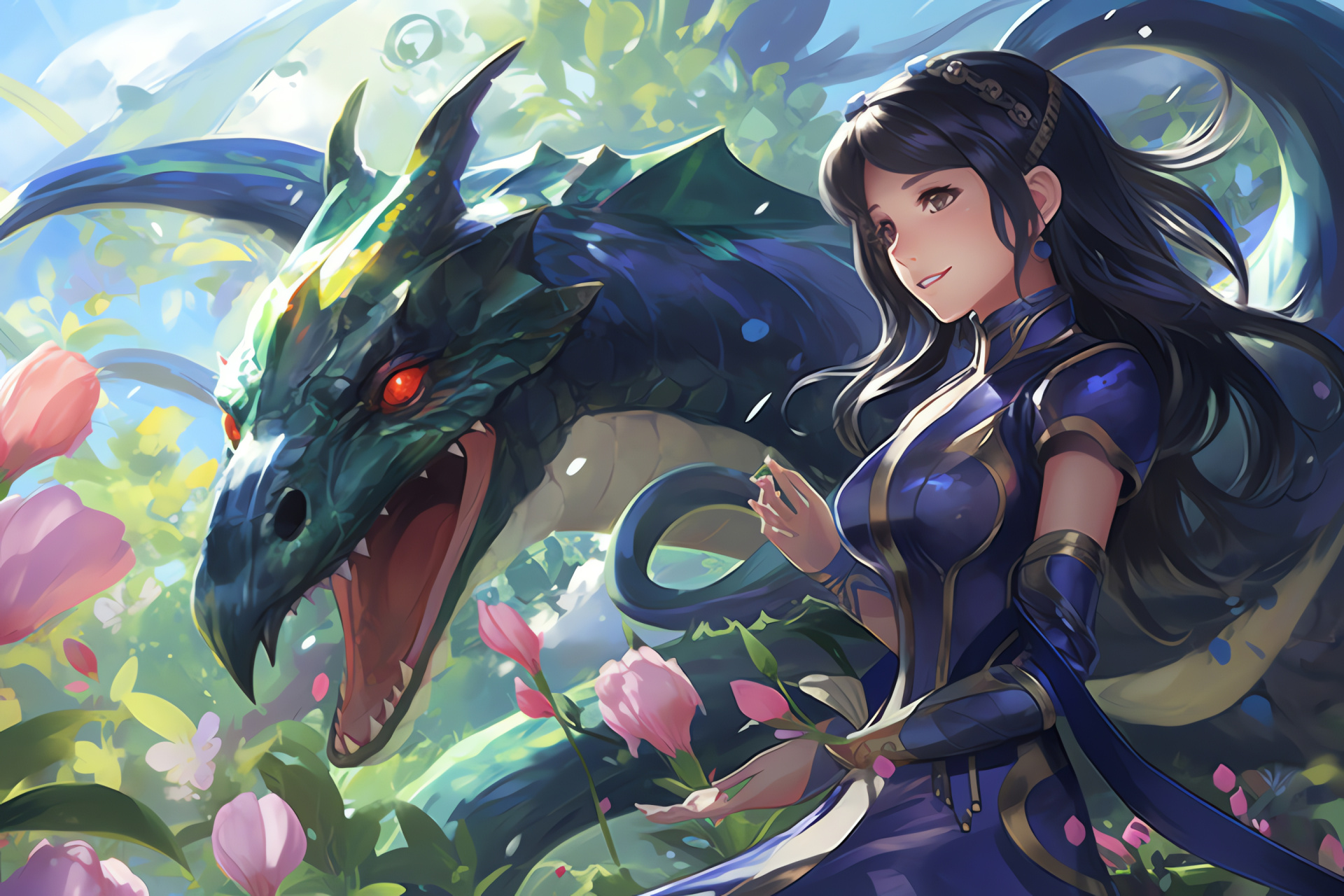 Pokemon Mega Rayquaza, Cynthia character, Sinnoh gardens, tranquil setting, Garchomp ally, HD Desktop Image