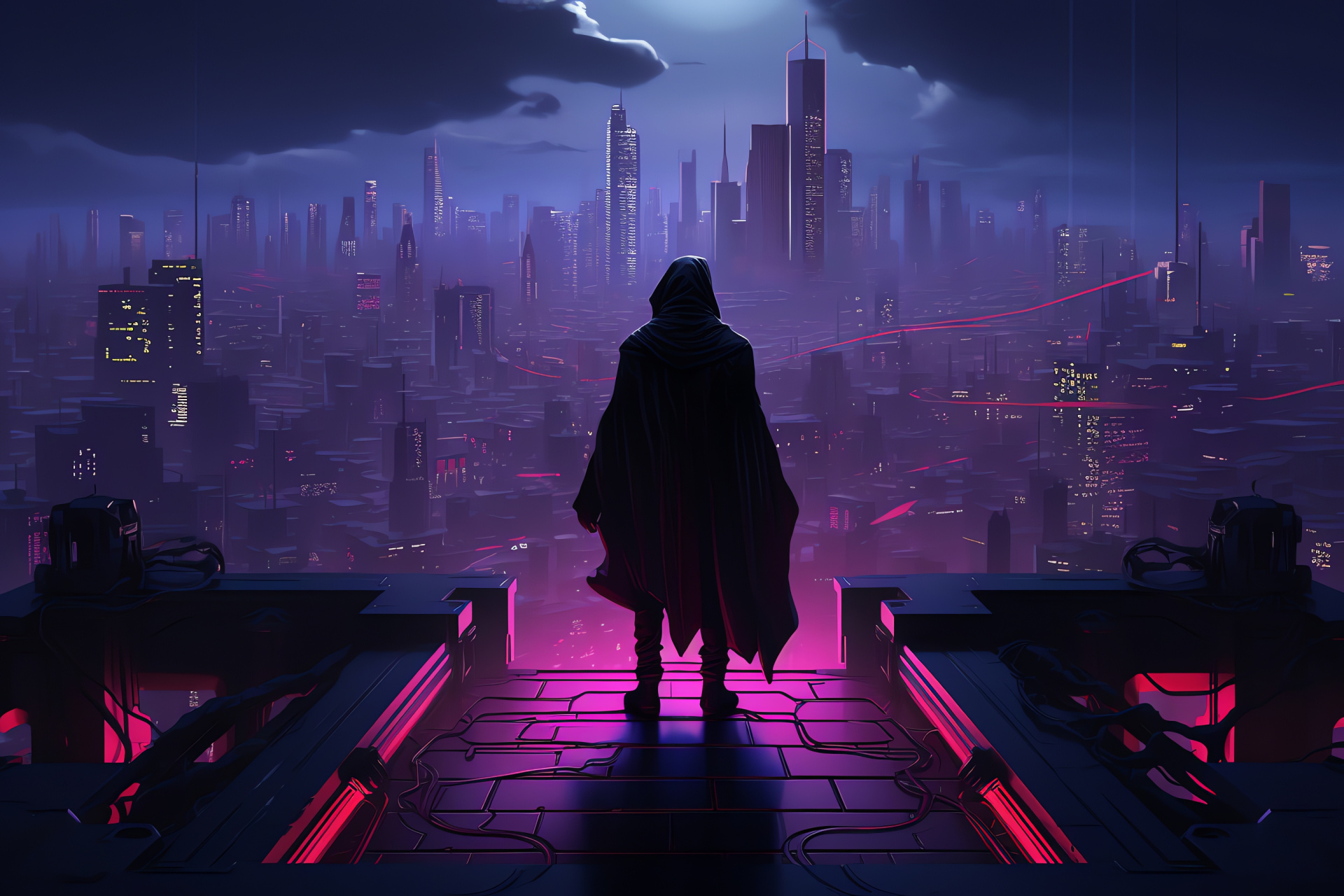 Prototype arsenal, futuristic urbanism, lurking silhouette, veiled attire, skyline perch, HD Desktop Wallpaper