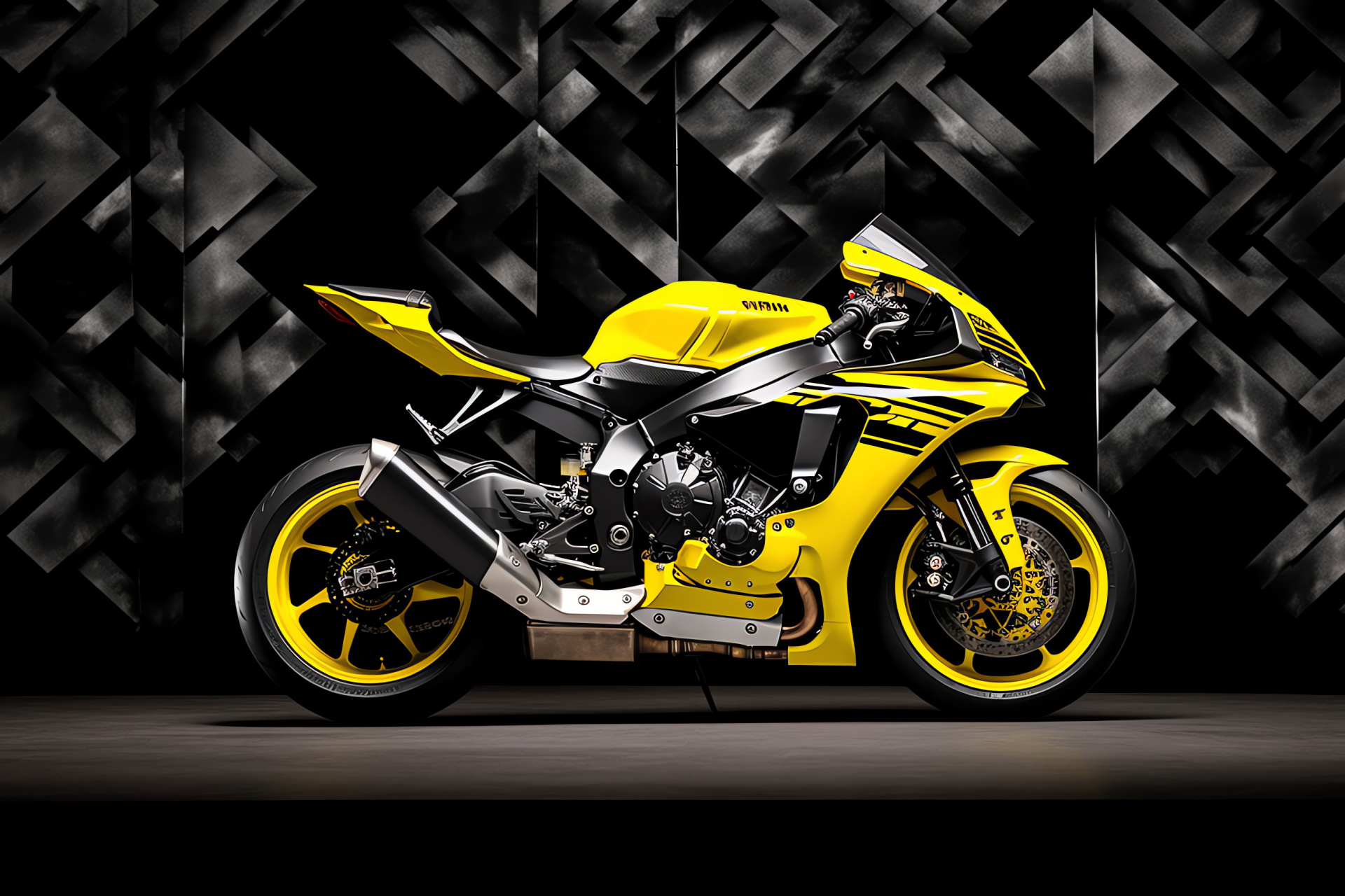 Yamaha R1, powerful engine, bike profile, triple-color scheme, yellow, black, white combination, HD Desktop Wallpaper