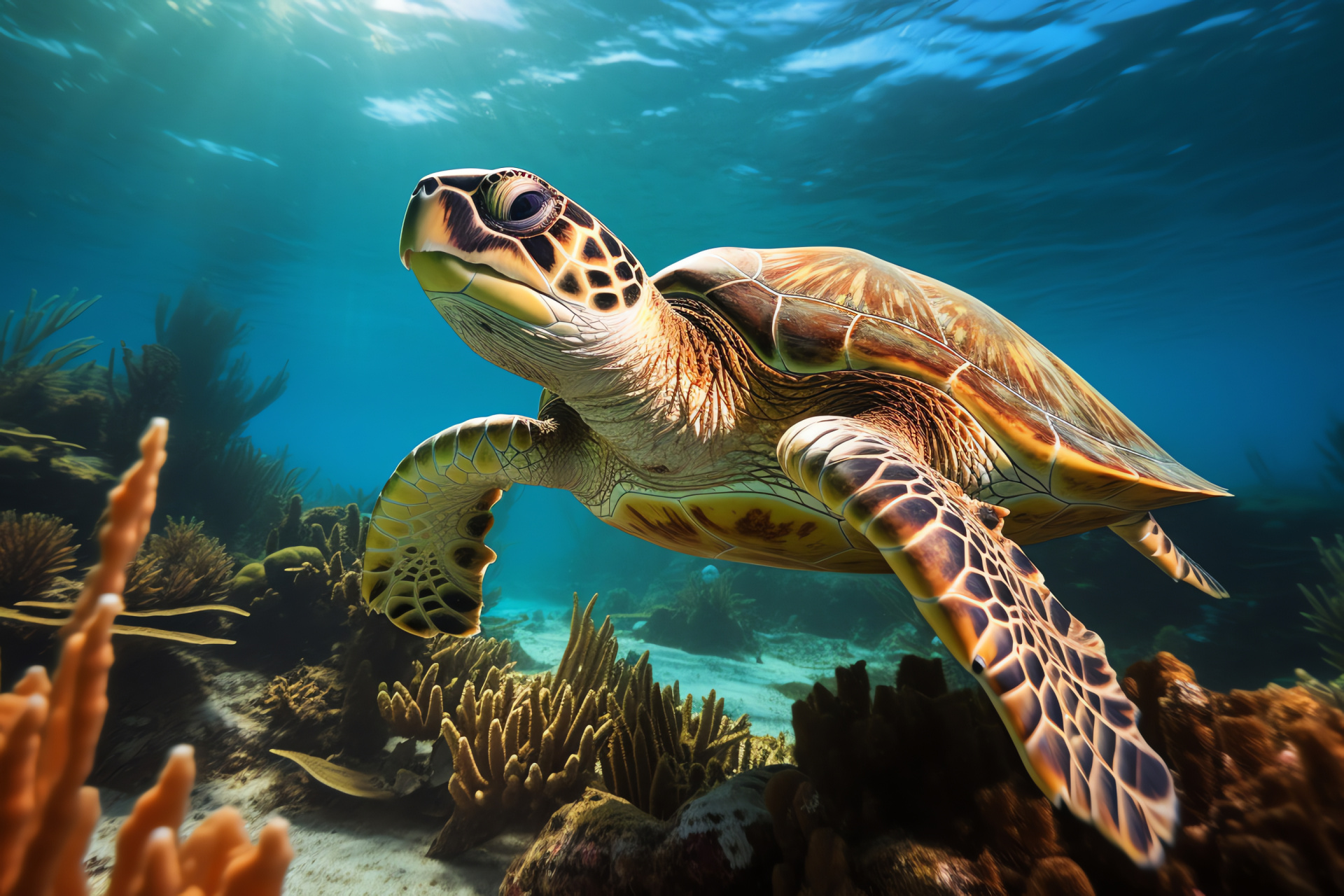 Marine turtle, Caribbean biodiversity, coral reef inhabitant, underwater ecology, shell pattern, HD Desktop Wallpaper