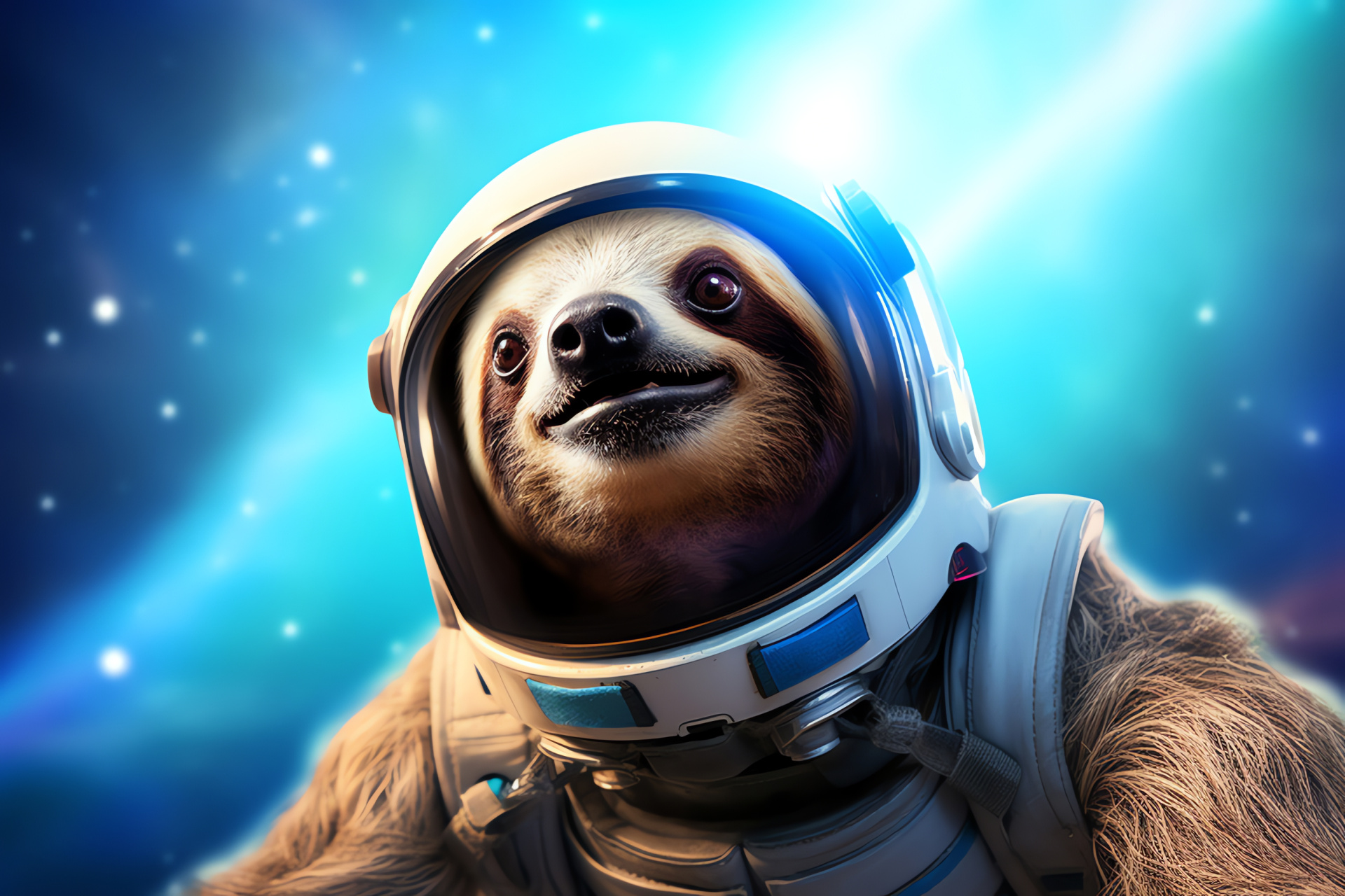 Sloth in space suit, unique turquoise gaze, creature cosmonaut, joyful expression, galactic hues, HD Desktop Image