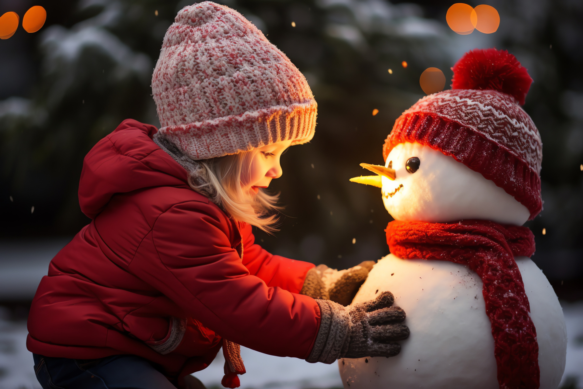 Childhood snowcraft, Youth snowman creation, Garment in cardinal hue, Hand-knit woolen accessory, Winter playfulness, HD Desktop Wallpaper