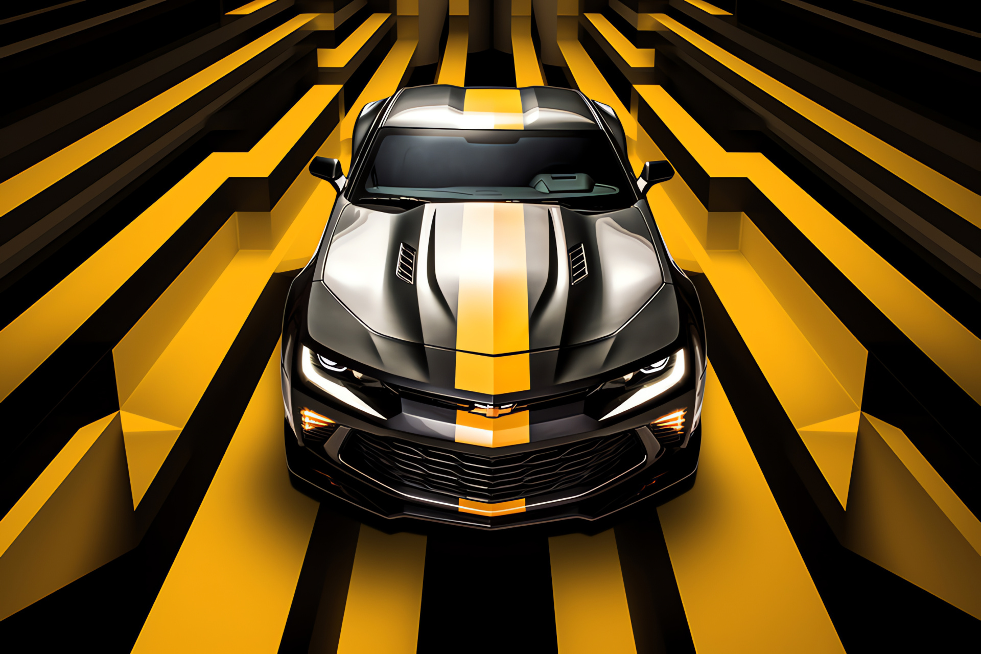 Chevrolet Camaro ZL1, Unique angle exposure, Abstract geometric concept, Black and yellow detailing, Distinctive car exterior, HD Desktop Image