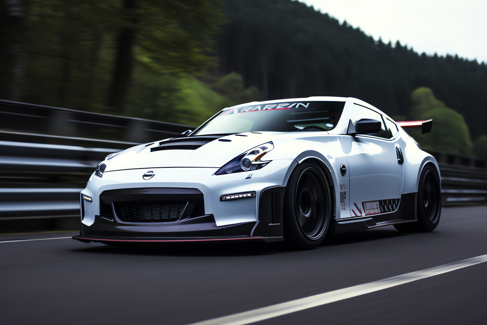 Nissan 370Z GT4, Renowned track, Wide-body kit, Racing enhancements, Legendary circuit, HD Desktop Image