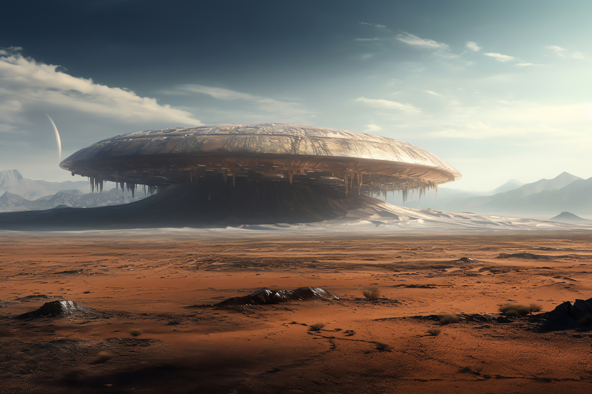 Dominant mothership, Forlorn world, Extensive silhouette, Overarching vessel, Stark terrain, HD Desktop Image