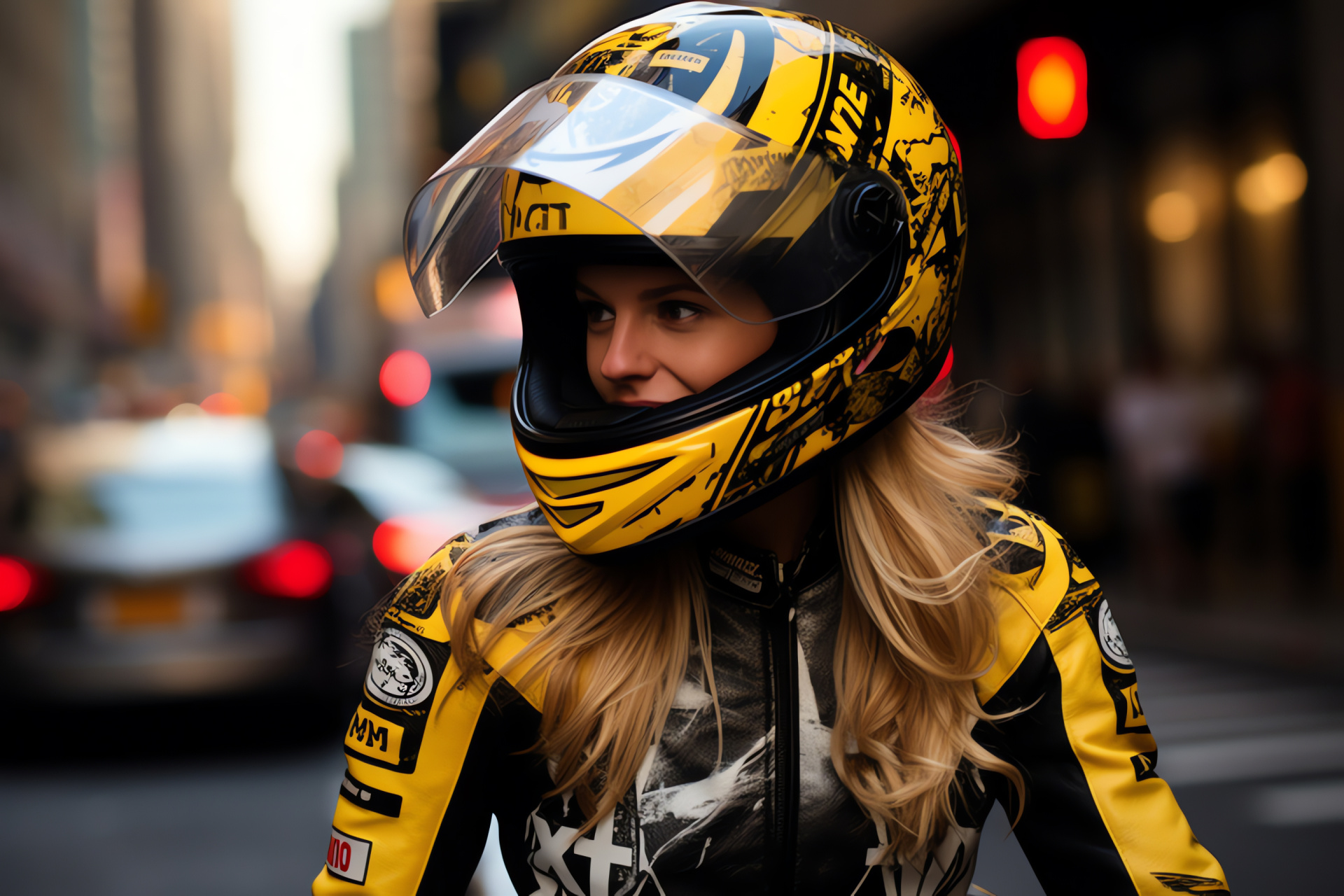 Biker girl in NYC, Graffiti art helmet fashion, Iconic yellow cabs, Skyscraper urban scenery, Big Apple biking, HD Desktop Wallpaper