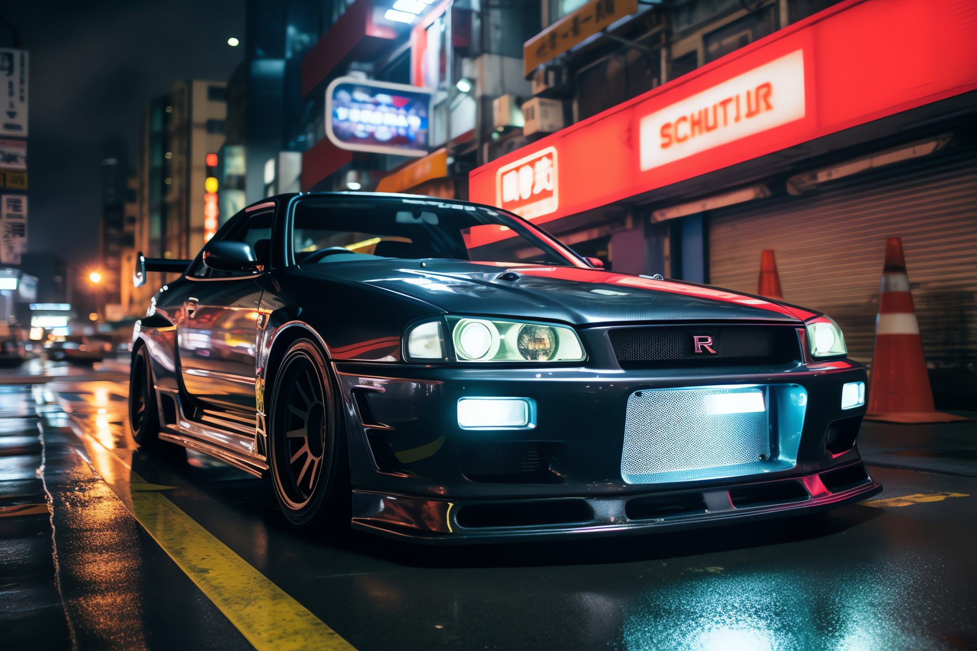 Nissan Skyline GTR Tokyo R32, Nismo pedigree, Electric Akihabara, Commanding front grill, Lighting assembly quartet, HD Desktop Image