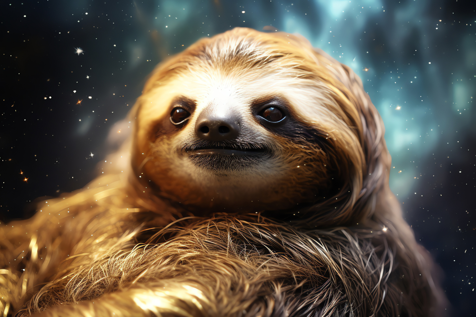 Space Sloth, Nebula Nebula, Serene, Silver and gold fur, Cosmic dust, HD Desktop Image