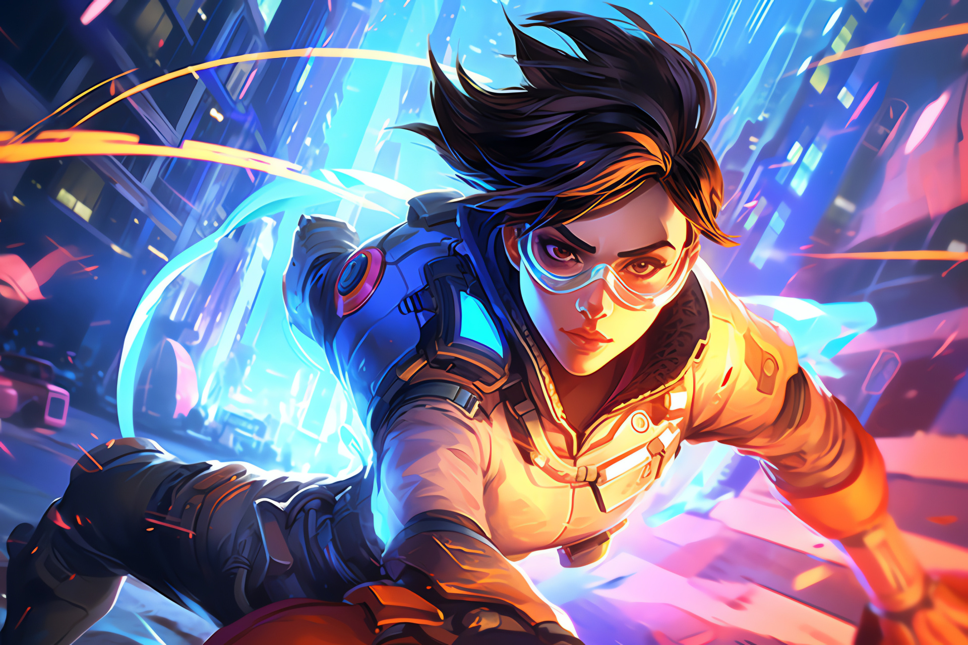 Overwatch effervescent Tracer, Modernistic flair, Urban vista, Graphic panorama, Eye-catching hues, HD Desktop Image