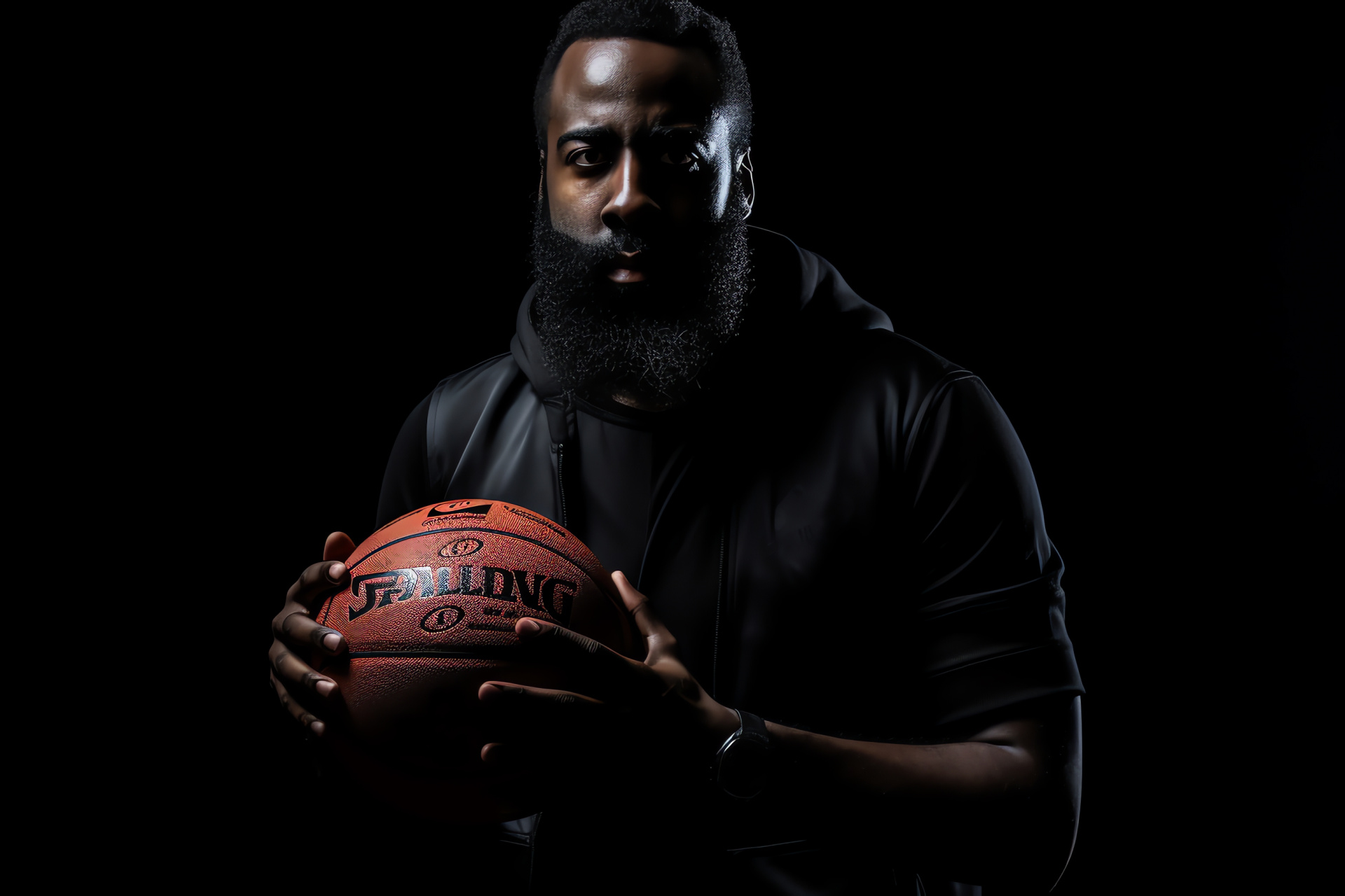 NBA Live series, James Harden character, Signature beard depiction, Intense gaze animation, Virtual basketball gameplay, HD Desktop Image