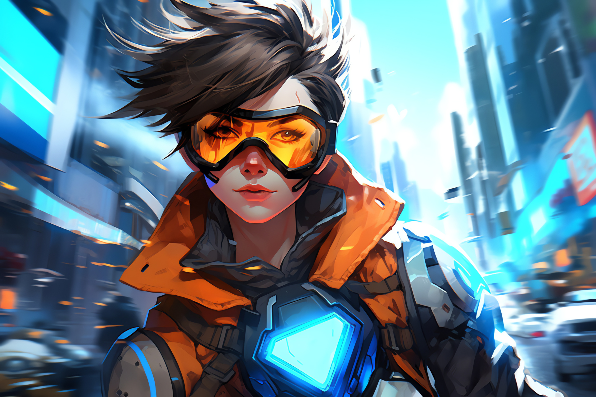 Overwatch Tracer Oasis battle, Gaming world, Chronal disruption ability, Advanced urban landscape, HD Desktop Wallpaper