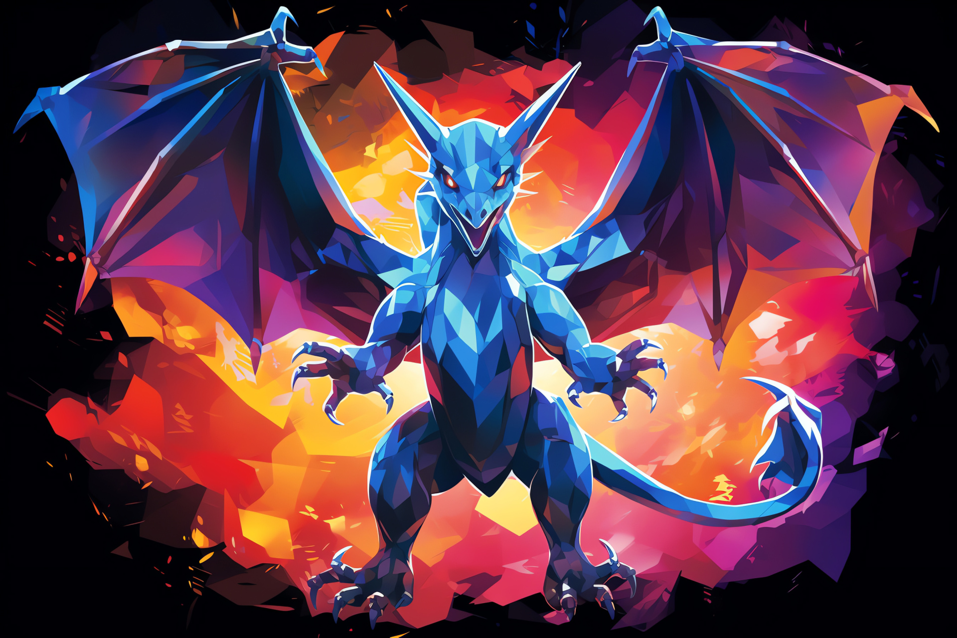 Mega Charizard form, Crimson and sunset scales, Oceanic gaze, Wing illustration, Facial expression of resolve, HD Desktop Wallpaper