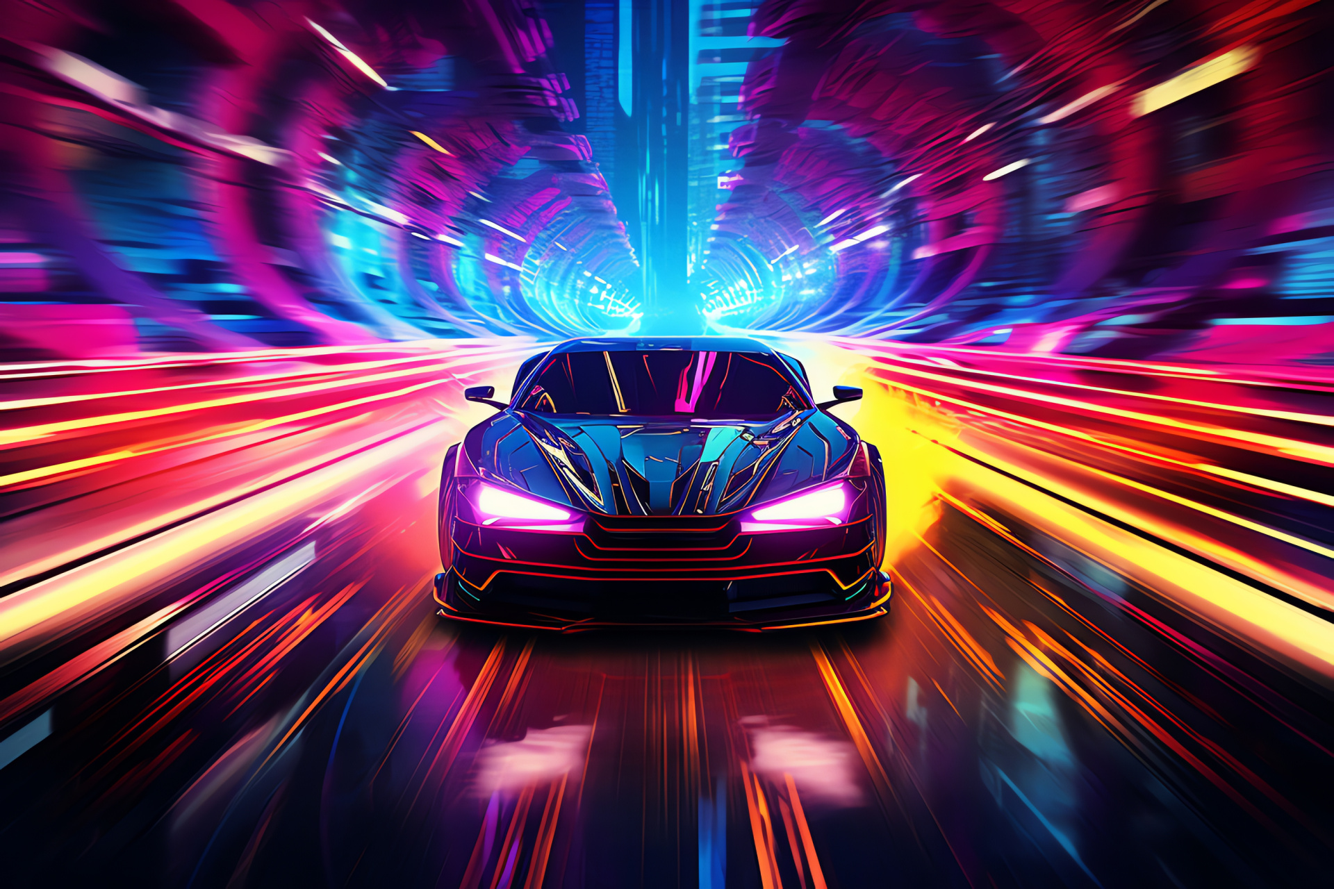 Automotive neon glow, skyward urban shot, technicolor LEDS, virtual cityscape, energetic mood, HD Desktop Image