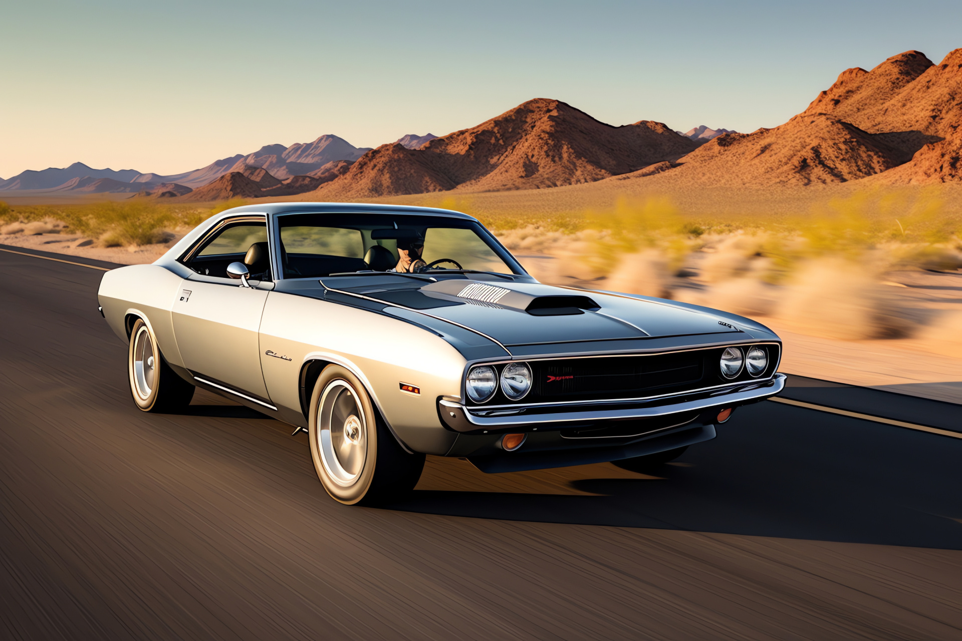 Plymouth Barracuda Hemi, Iconic Route 66, Freedom of the road, Metallic sheen, Arid backdrop expanse, HD Desktop Wallpaper