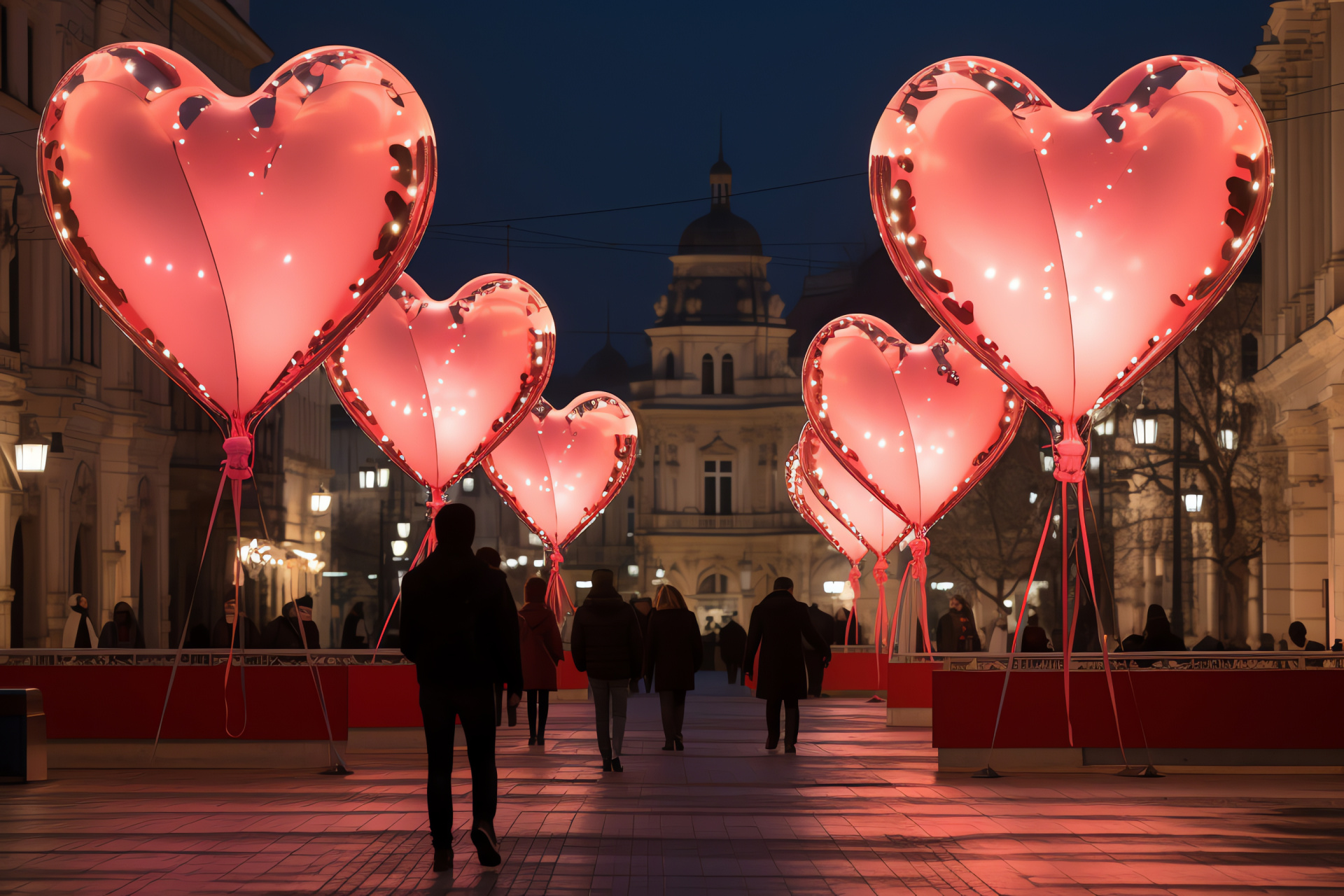 Valentine's Day event, Urban plaza, Vibrant helium inflatables, Cheerful street events, Festooned celebration, HD Desktop Wallpaper