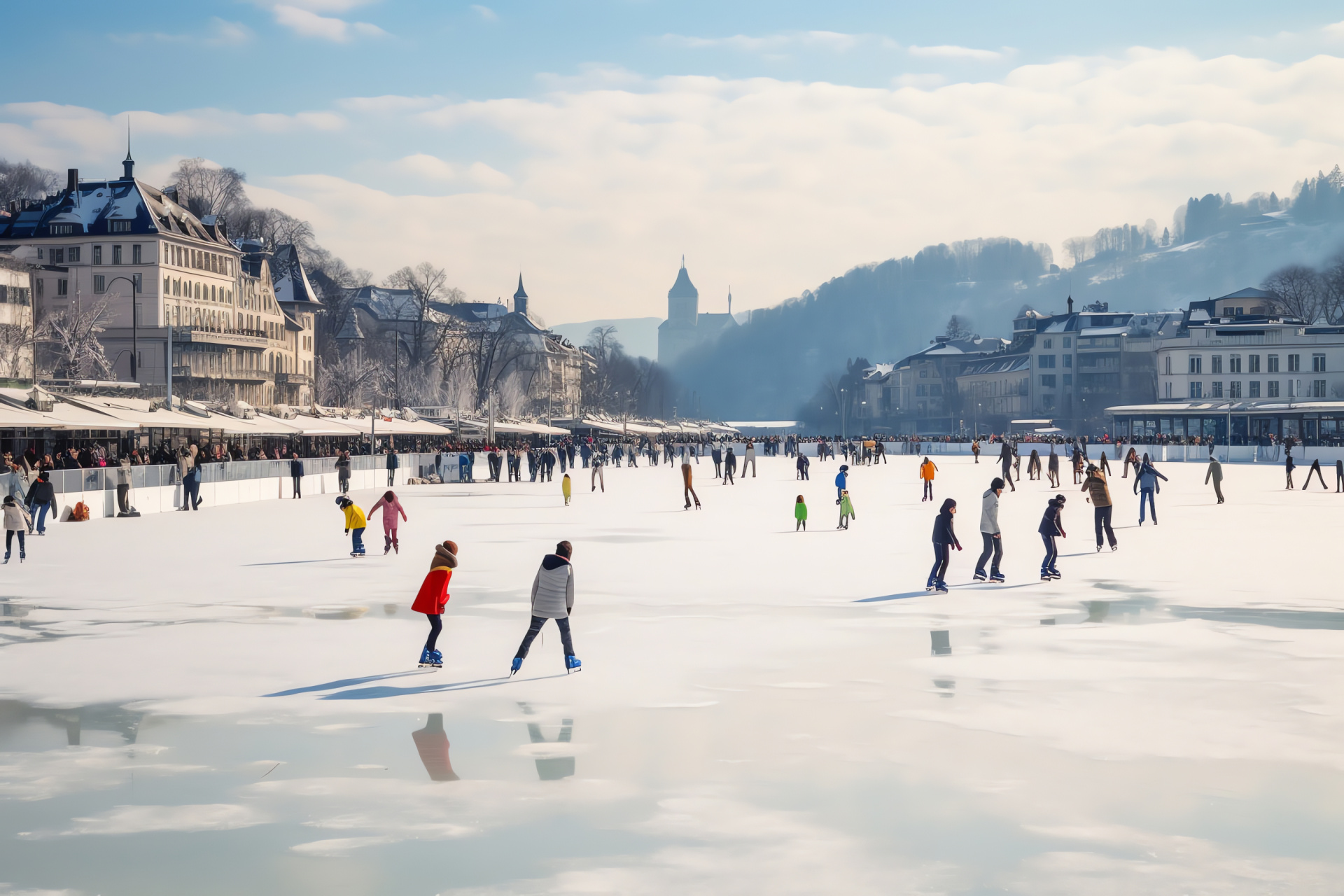 Swiss winter celebration, Lucerne scenic view, icy Lake Lucerne, graceful ice skaters, wintry alpine ambiance, HD Desktop Wallpaper