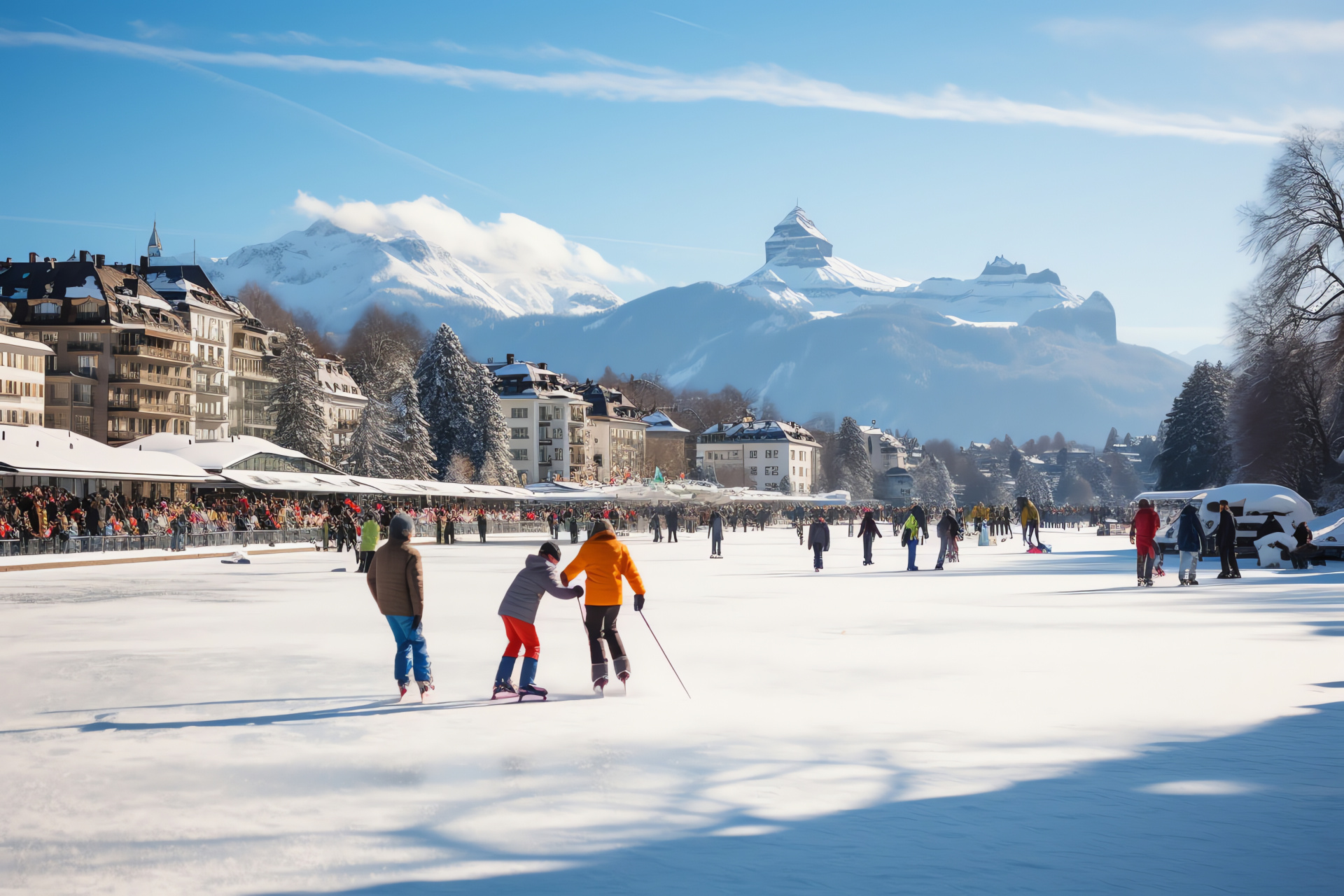 Lucerne winter scene, Swiss city festive figure glide, Frosty Lake Lucerne, Icy activity, Alpine background, HD Desktop Image