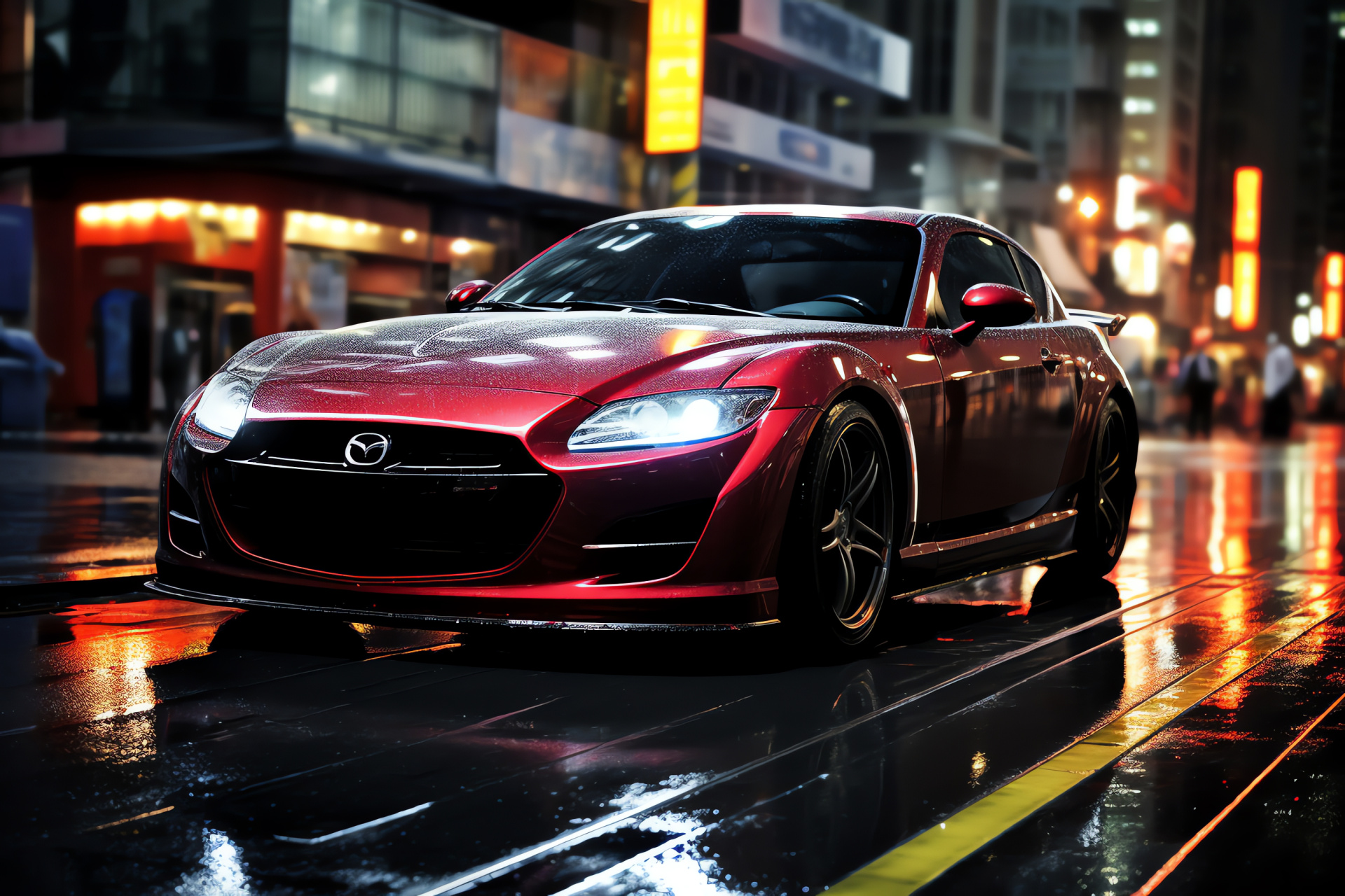 Mazda RX8 dynamic, Urban night drive, Rain effect on car, City street ambiance, Neon reflections, HD Desktop Wallpaper