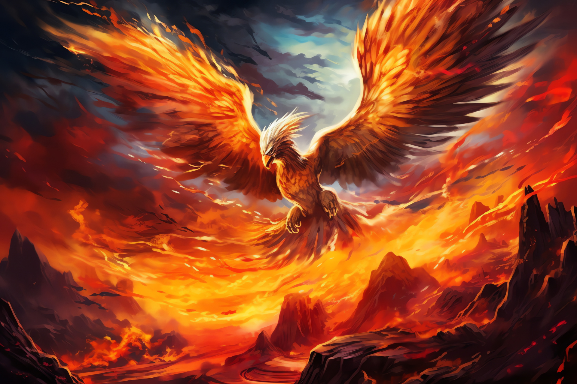 Fiery Moltres in flight, Volcanic bird Pokemon, Legendary flame wings, Lava-filled scene, Heat radiating, HD Desktop Image