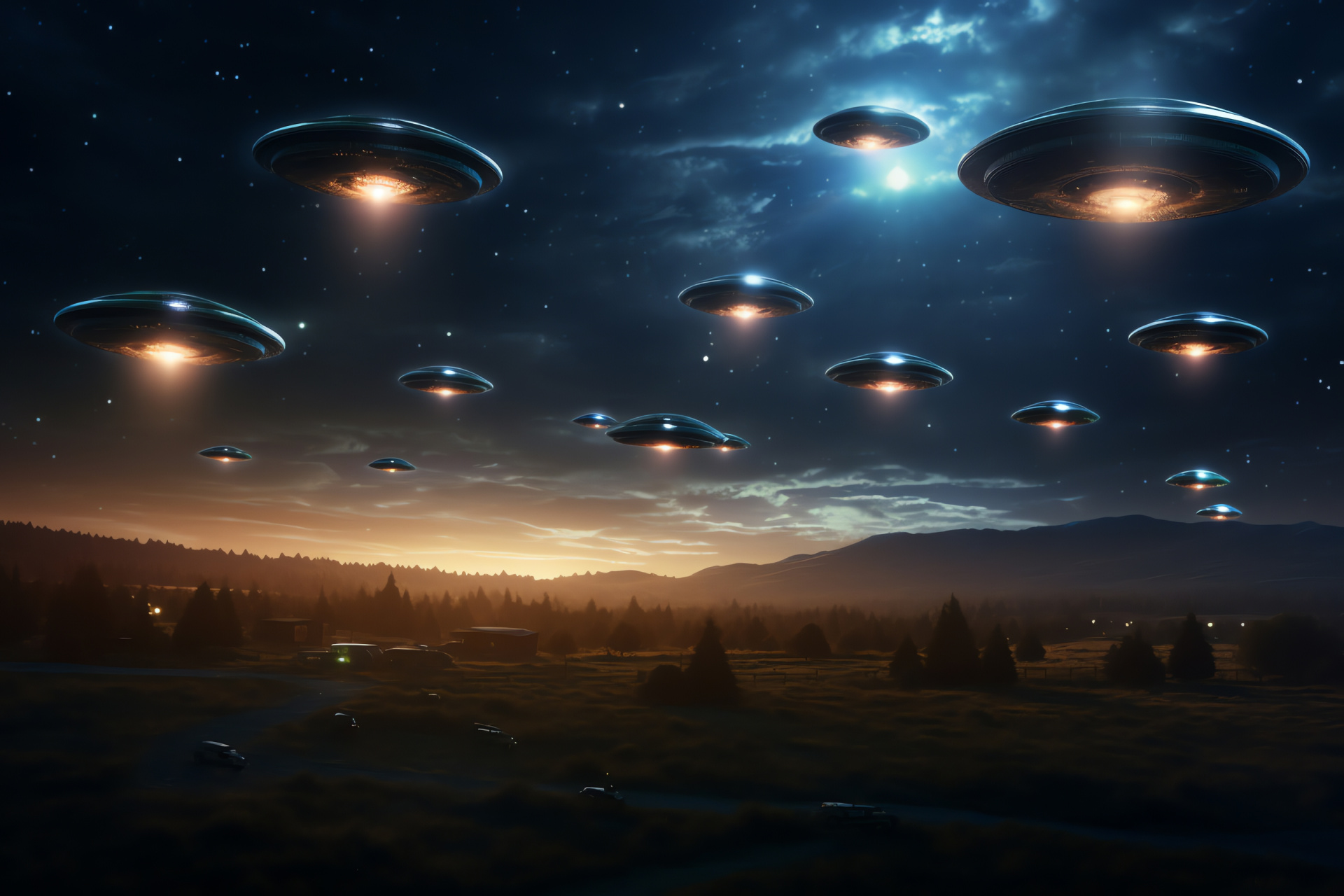 Extraterrestrial UFOs, Alien vessel formation, Skyward journey, Nighttime cosmos, Celestial fleet, HD Desktop Wallpaper