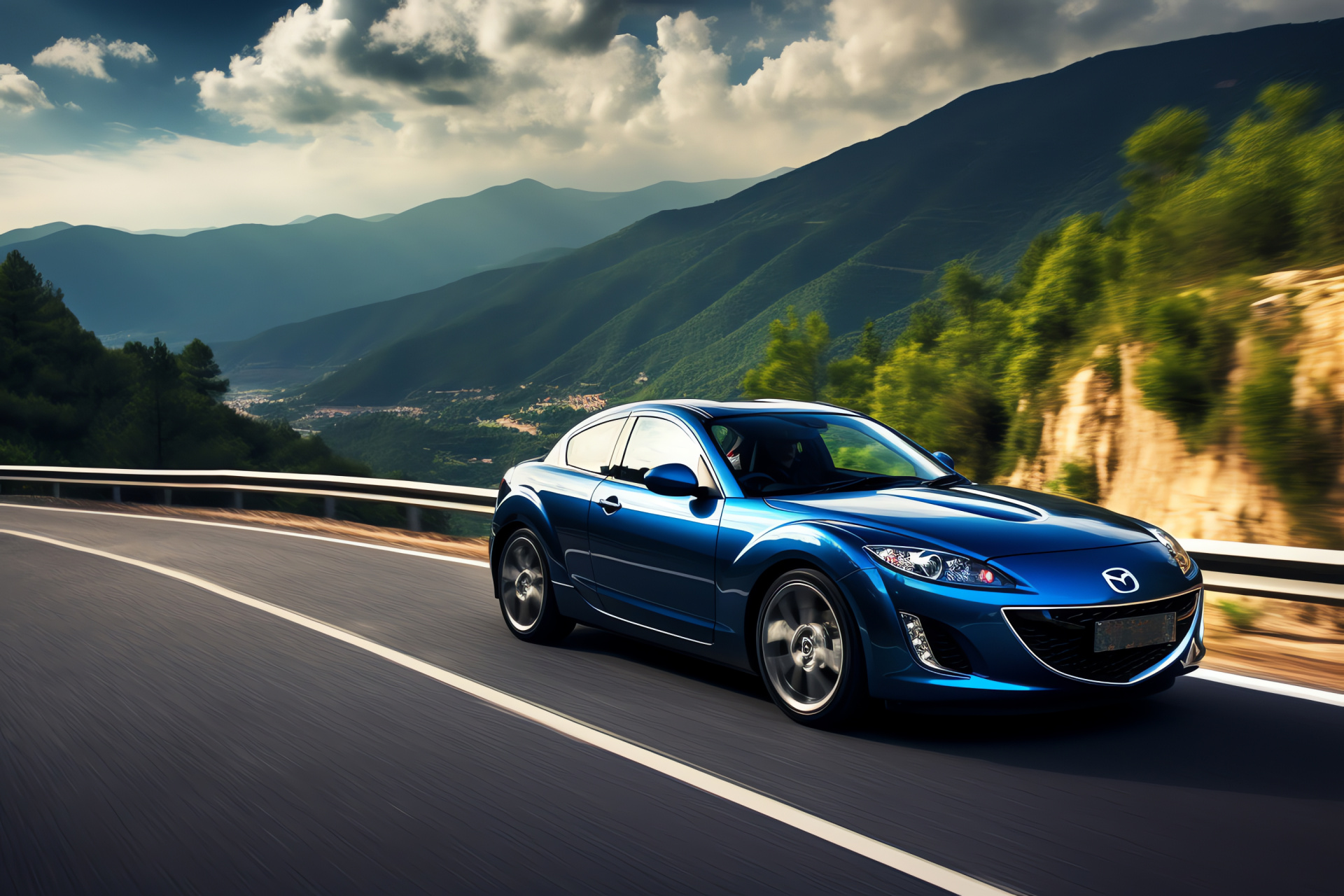 Mazda RX8 adventure, Mountain asphalt trail, Sky blue paint, Nature scenic view, Green landscape, HD Desktop Image