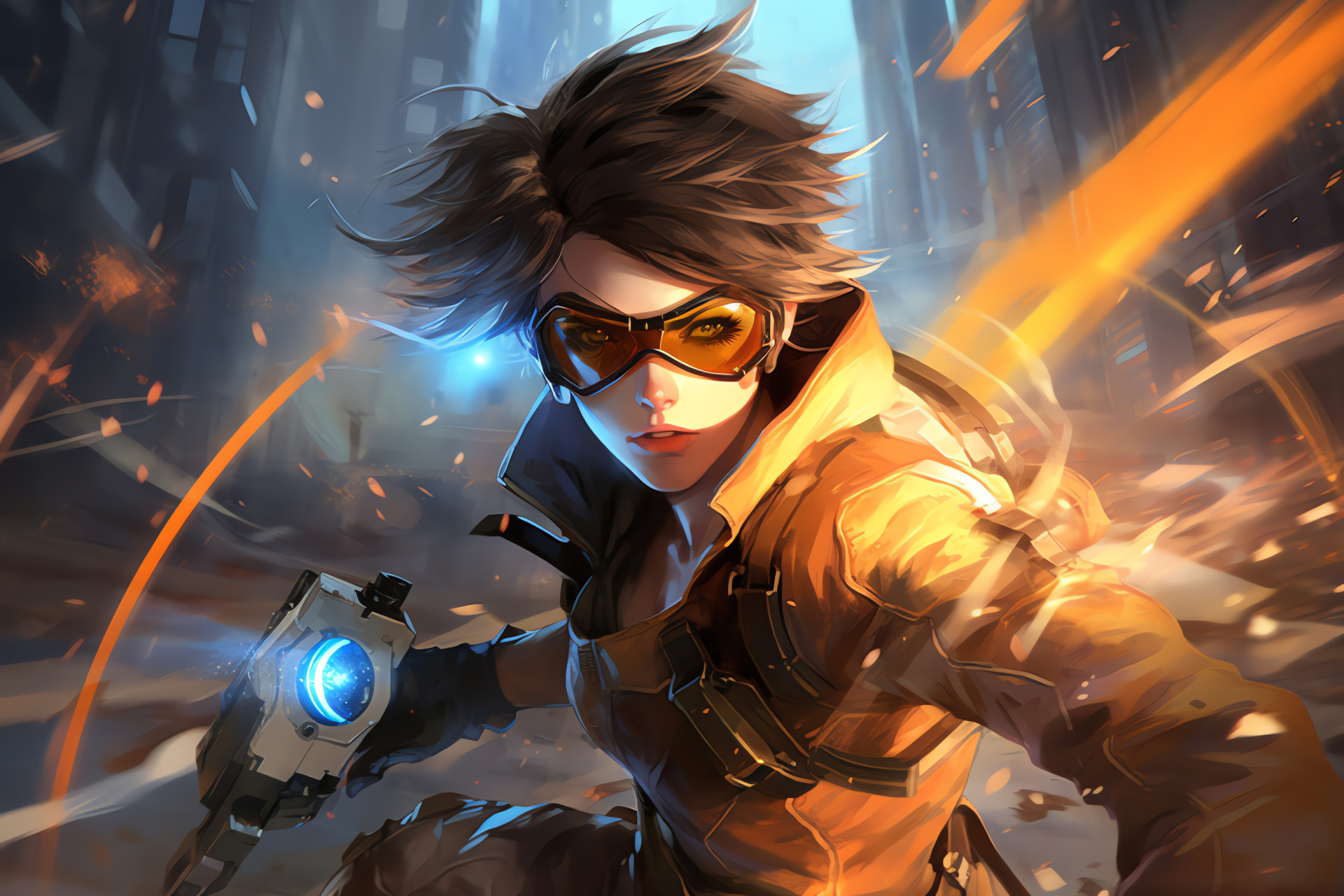 Overwatch gameplay, Tracer with firearms, Video game skyscraper setting, Cityscape intensity, Digital artist work, HD Desktop Image