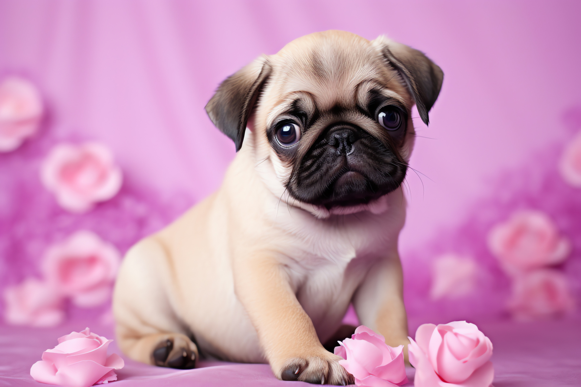 Pug juvenile, Canine breed character, Black-faced pup, Facial skin folds, Domestic surroundings, HD Desktop Image