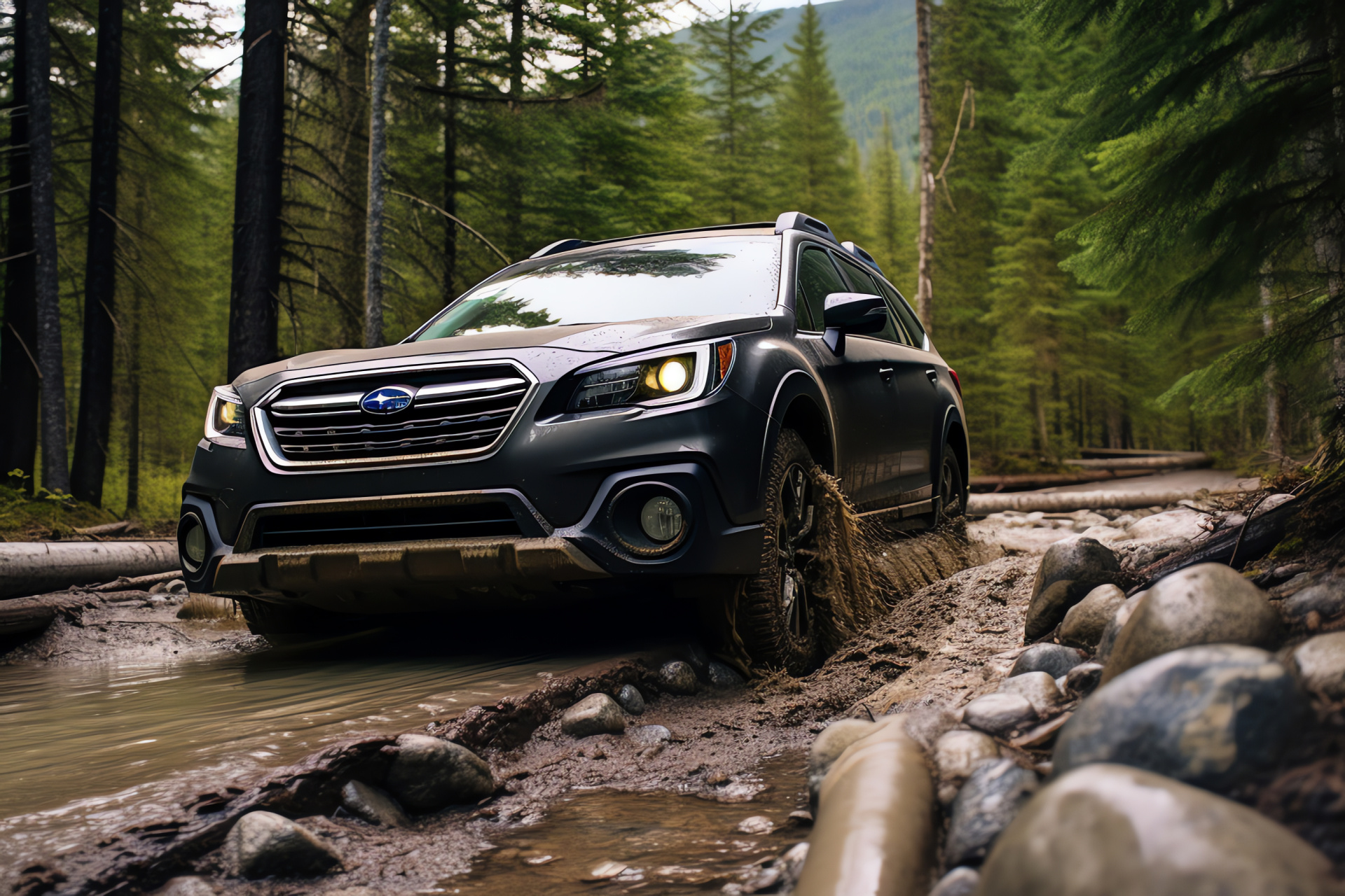 Subaru Outback Wilderness trim, British Columbia landscape, forested environs, vehicle ruggedness, HD Desktop Wallpaper