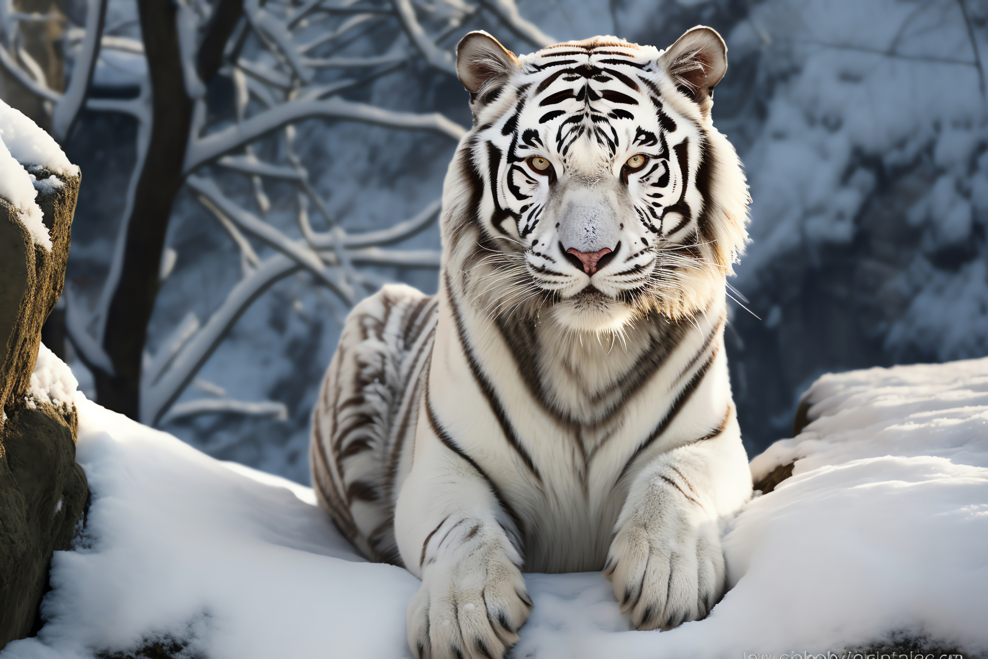 Wild tiger in snowy realm, Tawny gaze, King of wintery domain, Predator's winter camouflage, White tiger spotting, HD Desktop Image