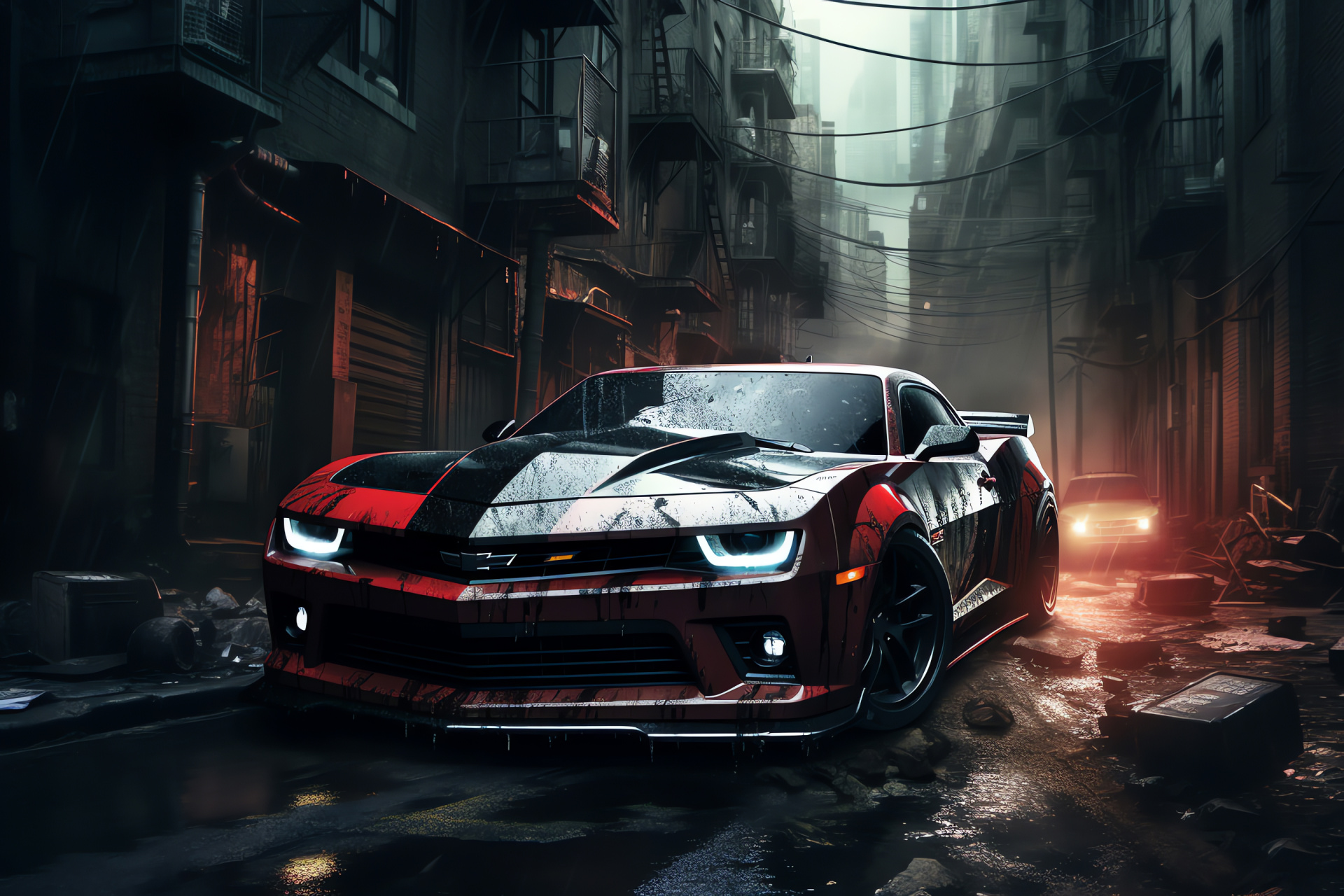 NFS Most Wanted Camaro SS, Alley escapade, Vehicle damage detail, Moist weather elements, Dark setting event, HD Desktop Image