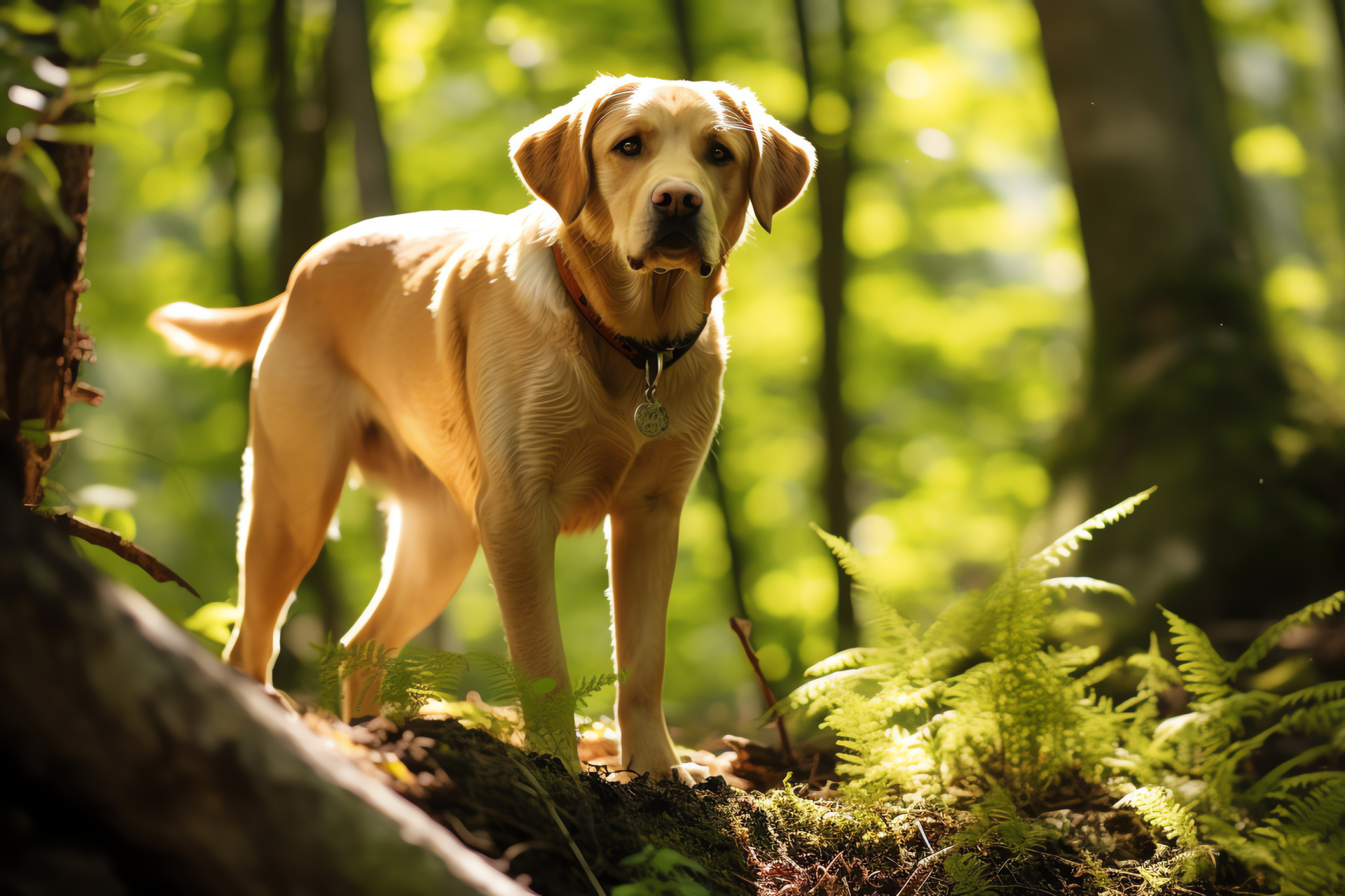 Yellow Labrador exploration, Canine in nature, Walk in woods, Wild underbrush, expansive perspective, HD Desktop Image