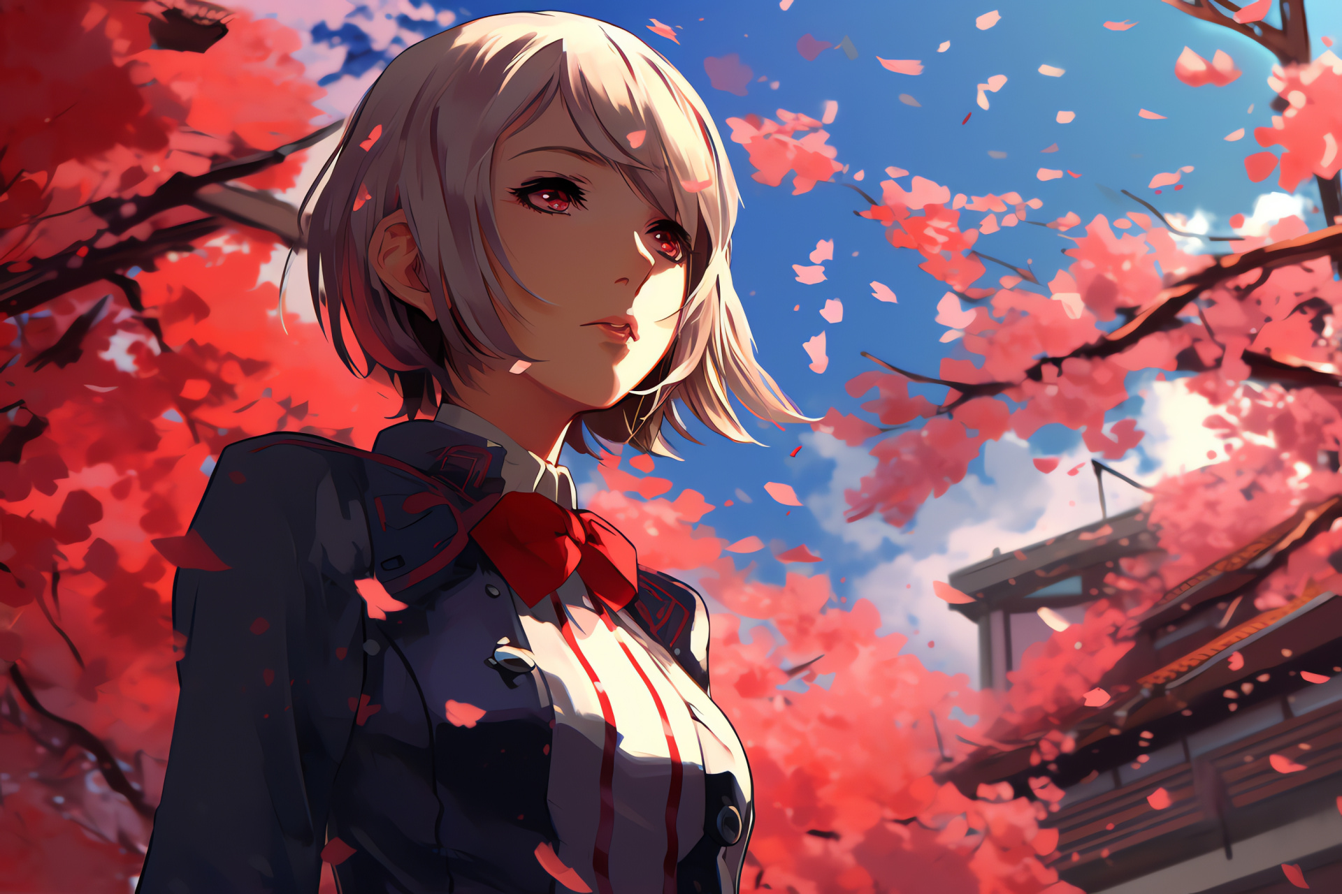 Persona 3 school courtyard, Protagonist near cherry blossoms, Aigis companion, Japanese RPG, HD Desktop Image