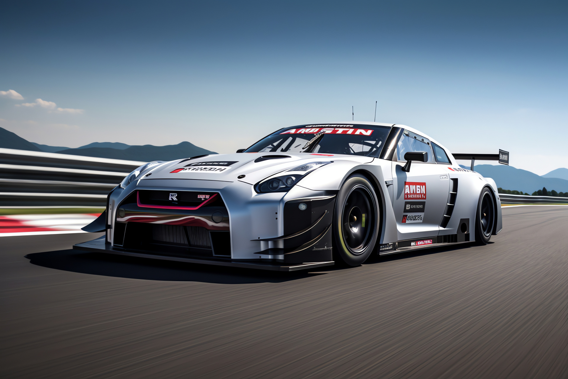 Nismo GT-R, GT3 racing, Asphalt circuit, Shiny finish, Iconic mountain, HD Desktop Wallpaper