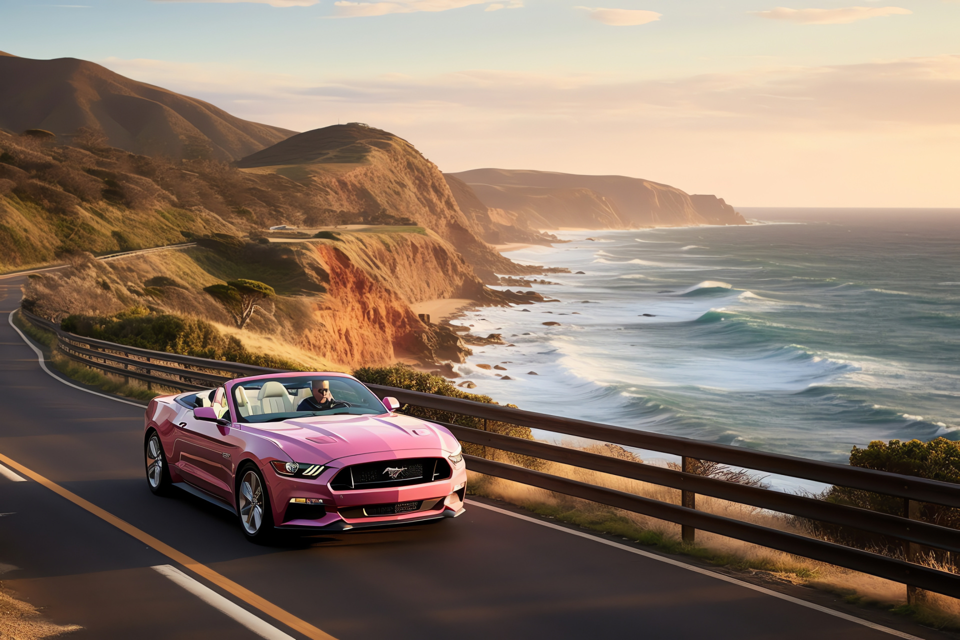 Pink auto, scenic Great Ocean Road, iconic Ford Mustang, luxury convertible, majestic Twelve Apostles, HD Desktop Image