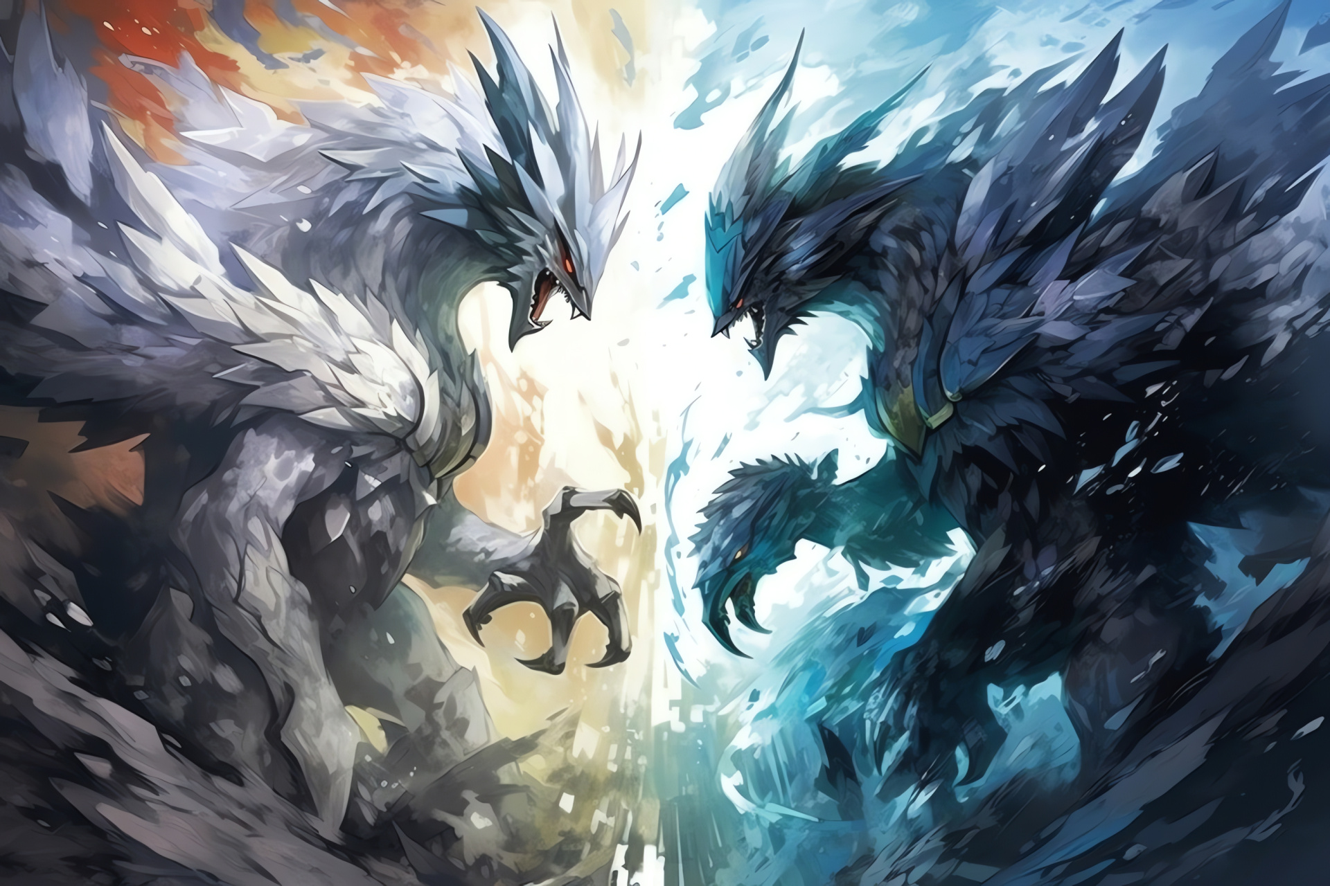 Unova region saga, legendary dragons, Zekrom electricity, Reshiram flames, Pokmon battles, HD Desktop Image