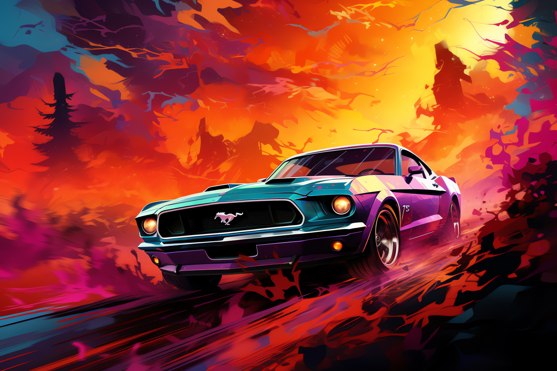 Mustang detail, Psychedelic realm, Vivid cyberdelic patterns, Neon spectrum, Evocative graphic landscape, HD Desktop Image