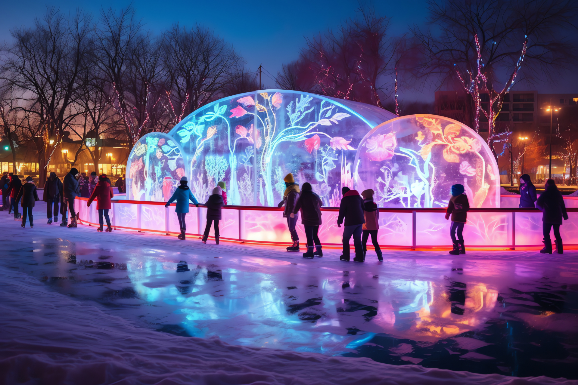 Festive ice skaters, Christmas activity, Winter pond, Snow-clad surroundings, Holiday tradition, HD Desktop Image