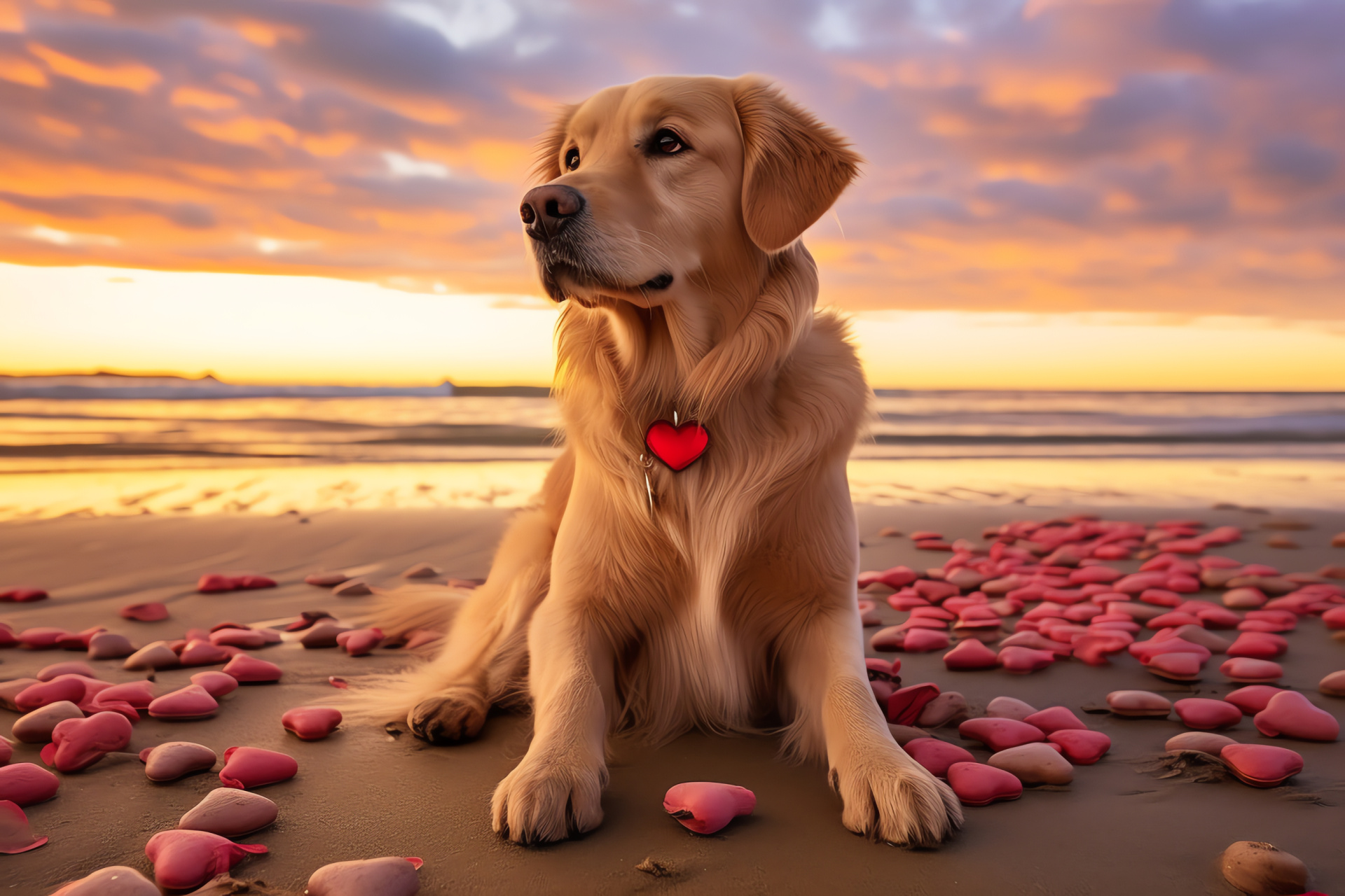 Valentine's golden retriever, Seaside love, Shell heart patterns, Beach artwork, Canine leisure, HD Desktop Wallpaper