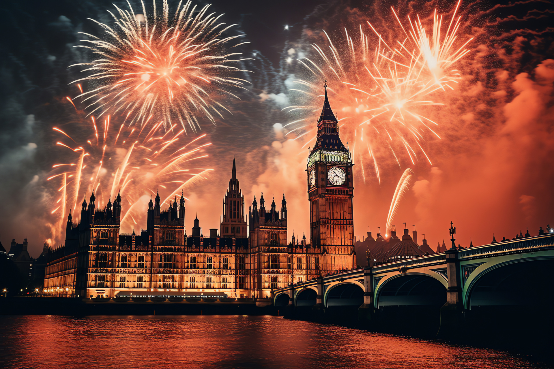 London NYE celebration, Thames riverboats, iconic Big Ben, colorful pyrotechnics, HD Desktop Wallpaper