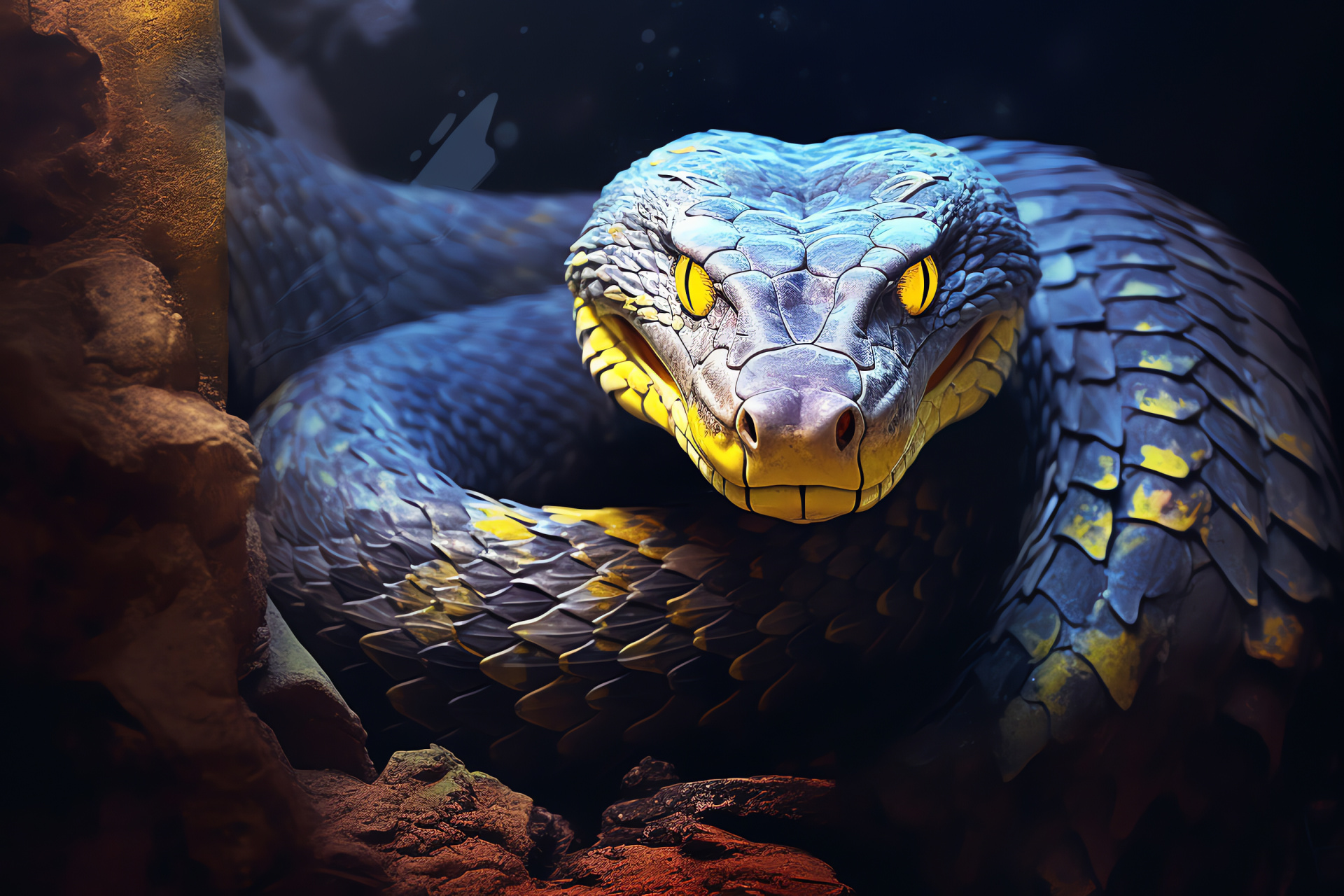 Venerable rattlesnake, Predatory stare, Patterned hide, Subterranean setting, Stony vantage, HD Desktop Image