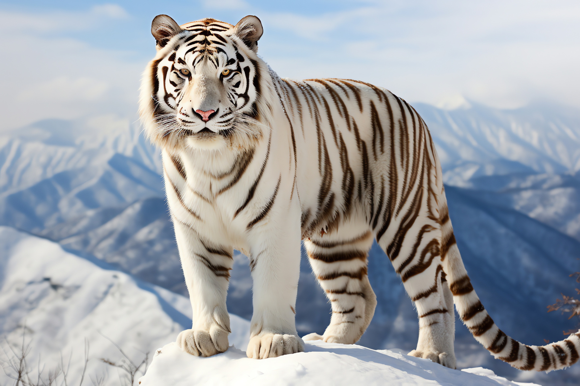 White Tiger, glowing optics, pale-gray tones, ink-dark striping, wintry scenery, HD Desktop Wallpaper