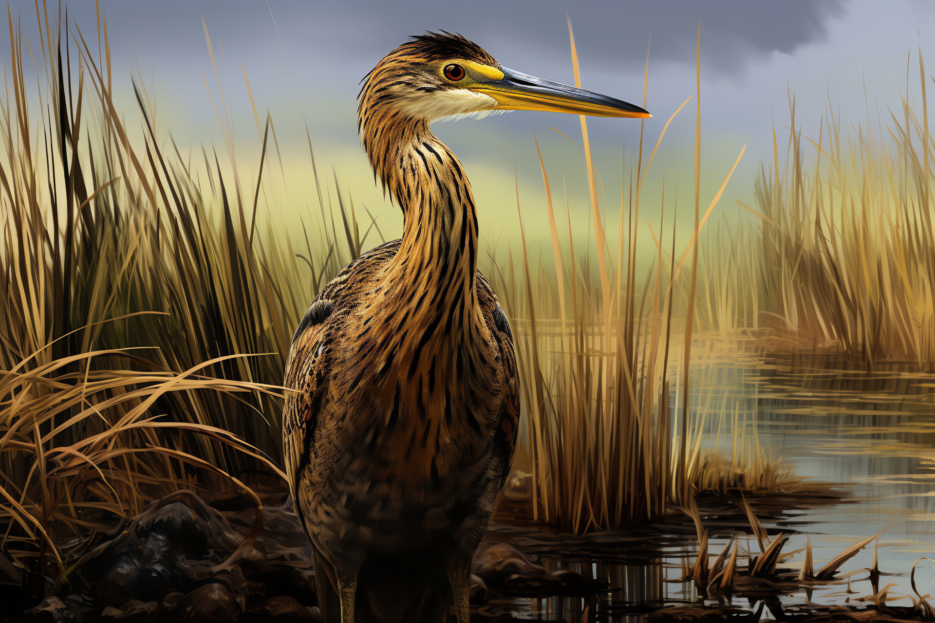 American Bittern bird, Marshland flora, Foggy water habitat, Camouflaged bird plumage, Intense avian gaze, HD Desktop Image