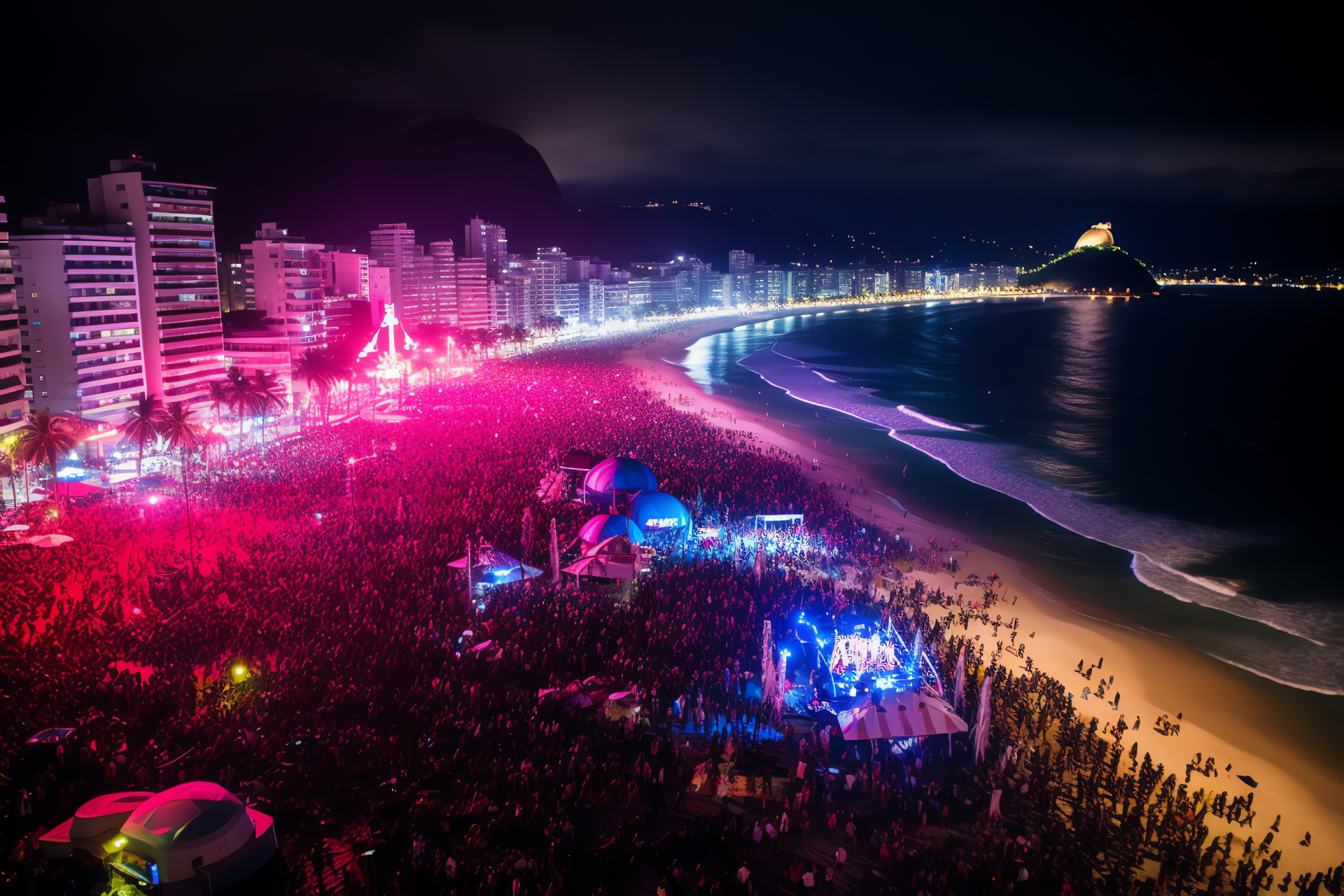 Copacabana New Year's Eve, Rio de Janeiro revelry, Beach carnival, Resounding samba, Midnight fireworks, HD Desktop Image