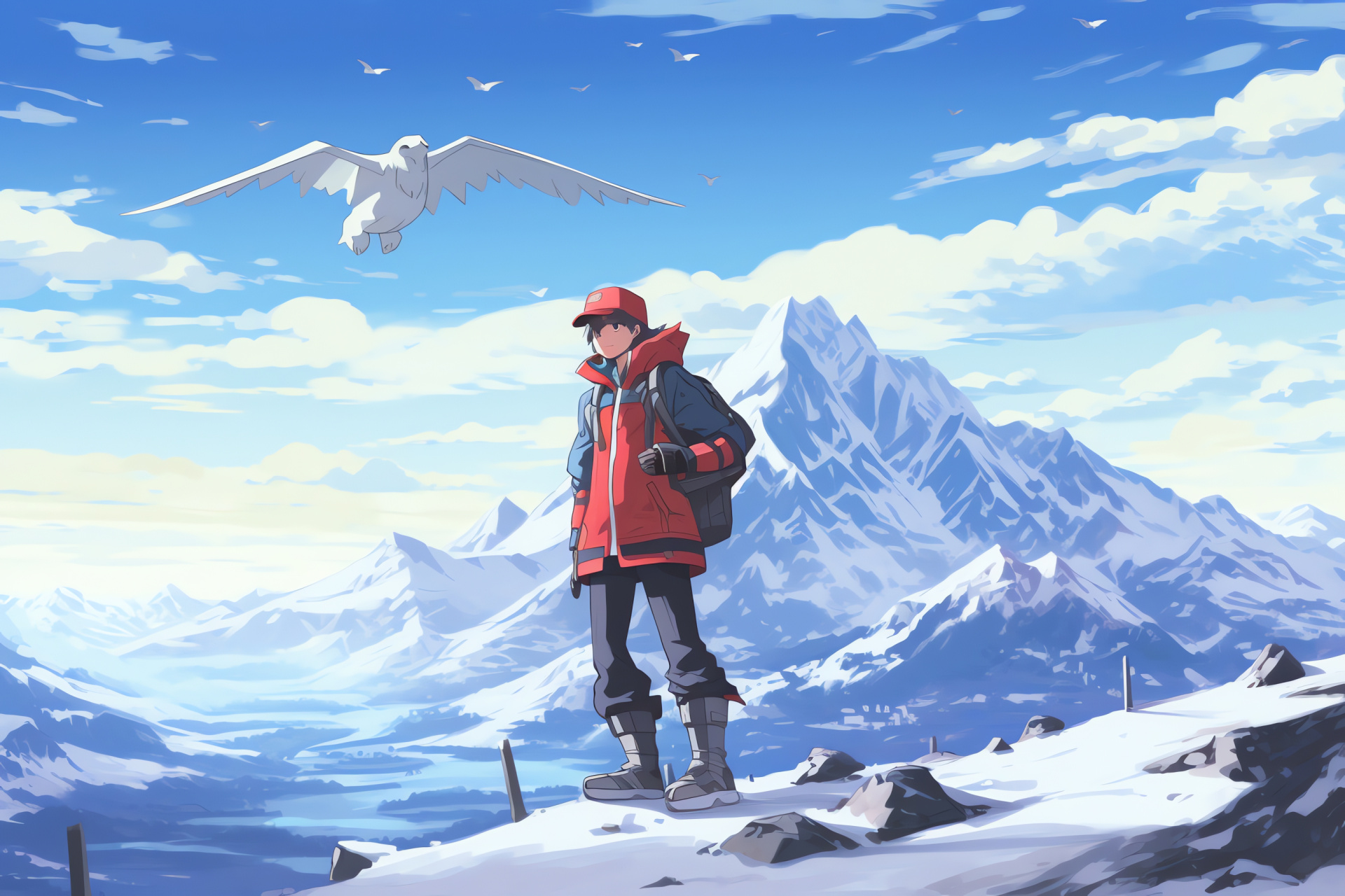 Legendary Mountain Showdown, Red's Mt. Silver Challenge, Guardian Lugia, Snow-capped Summits, Severe Alpine Climate, HD Desktop Wallpaper