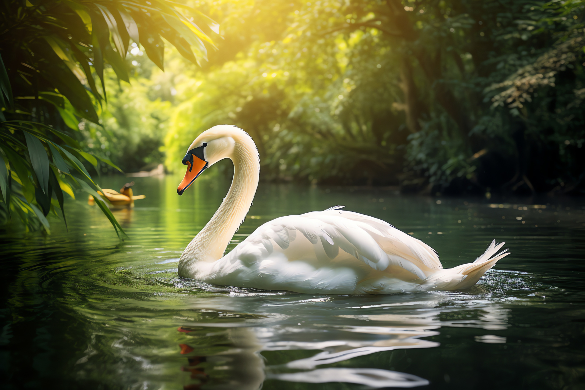 White Swan, Cygnini bird, Calm water surface, Verdant plant life, White plumage brilliance, HD Desktop Wallpaper