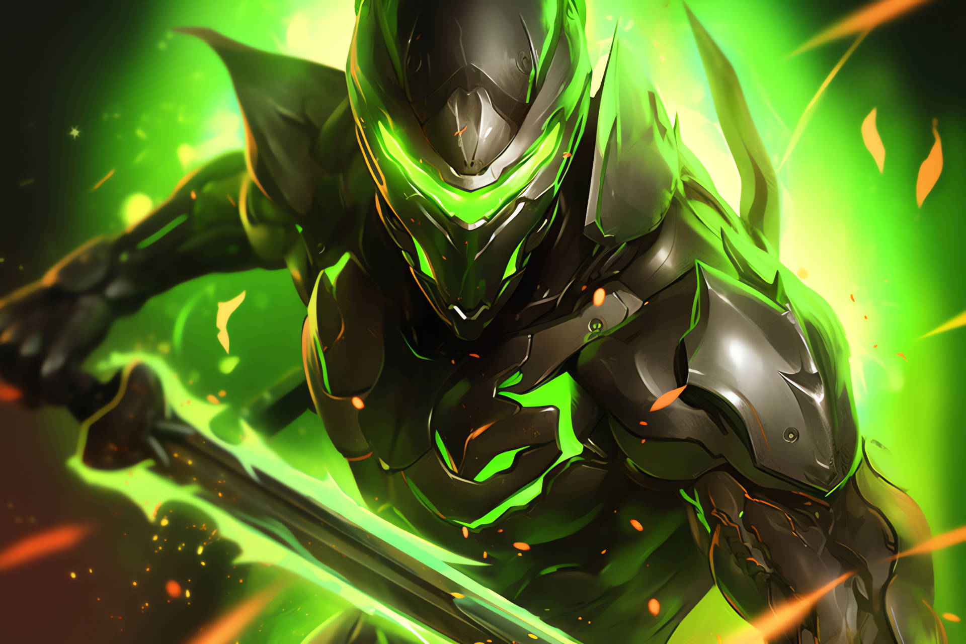 Cyber-warrior Genji, Neon glow effect, Cybernetic warrior, Overwatch scene, Majestic dragon sword, HD Desktop Image